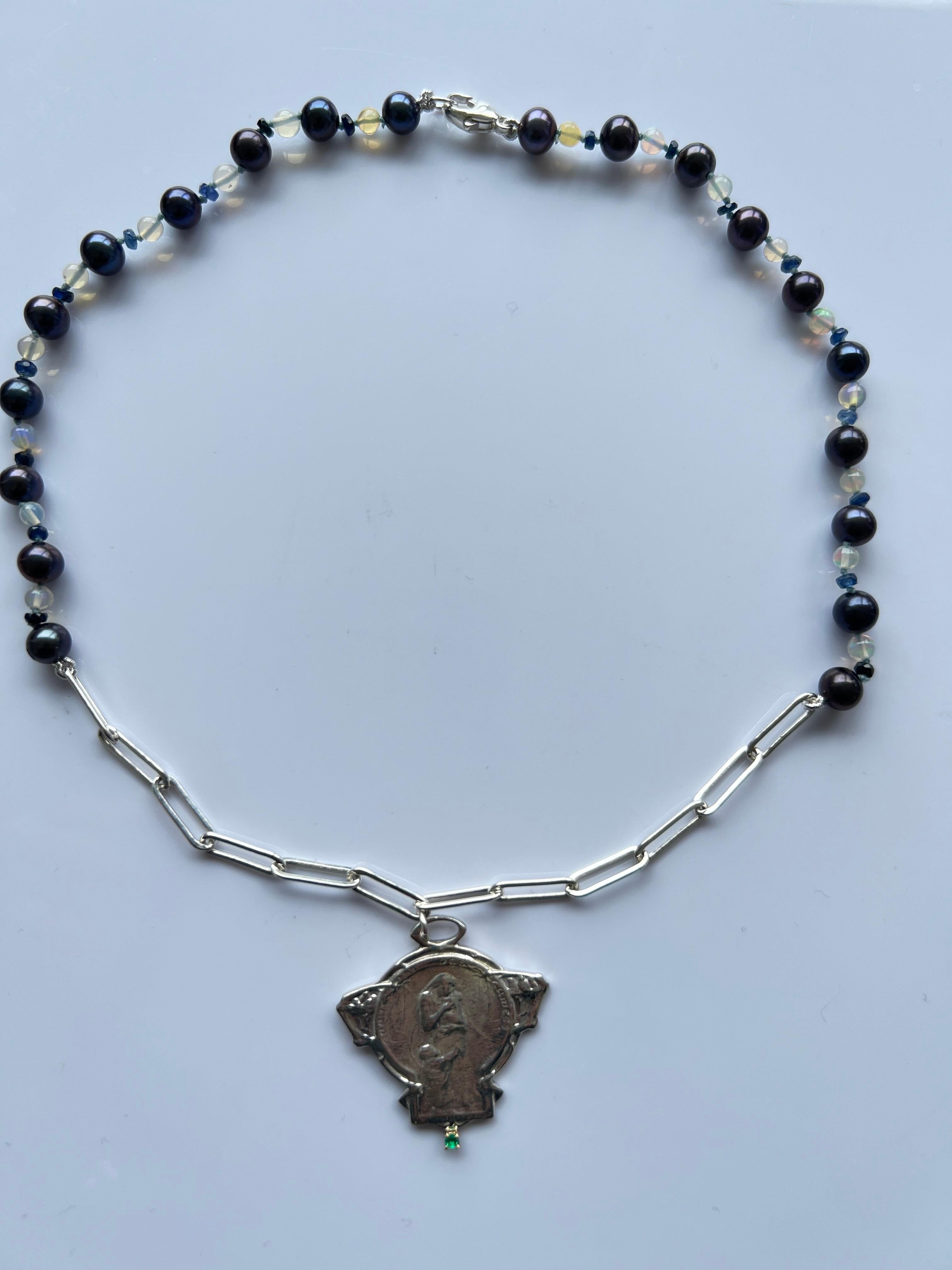 Smaragd Medaillon Jungfrau Maria Schwarz Perle Choker Halskette Silberkette  (Brillantschliff) im Angebot
