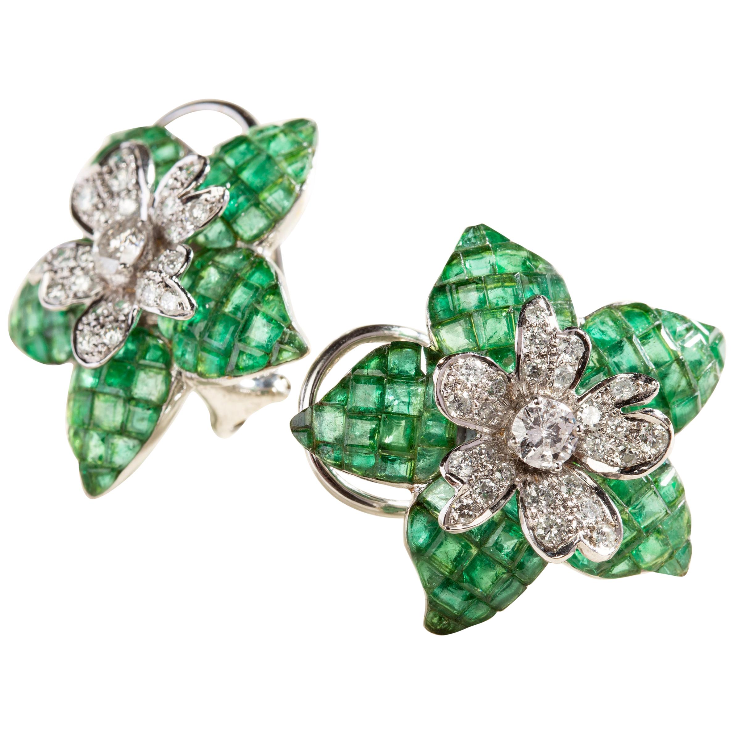 Emerald Milkweed Flower Earrings set in 14 Karat White Gold with Diamonds and For Sale