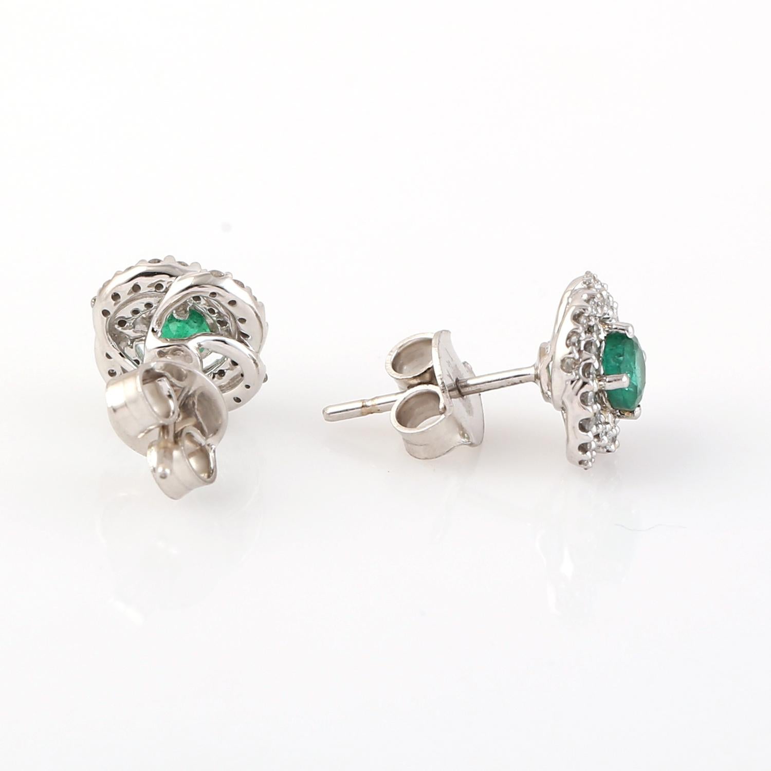 Artisan Emerald Minimal Stud Earrings With Pave Diamonds Made In 14k White Gold For Sale