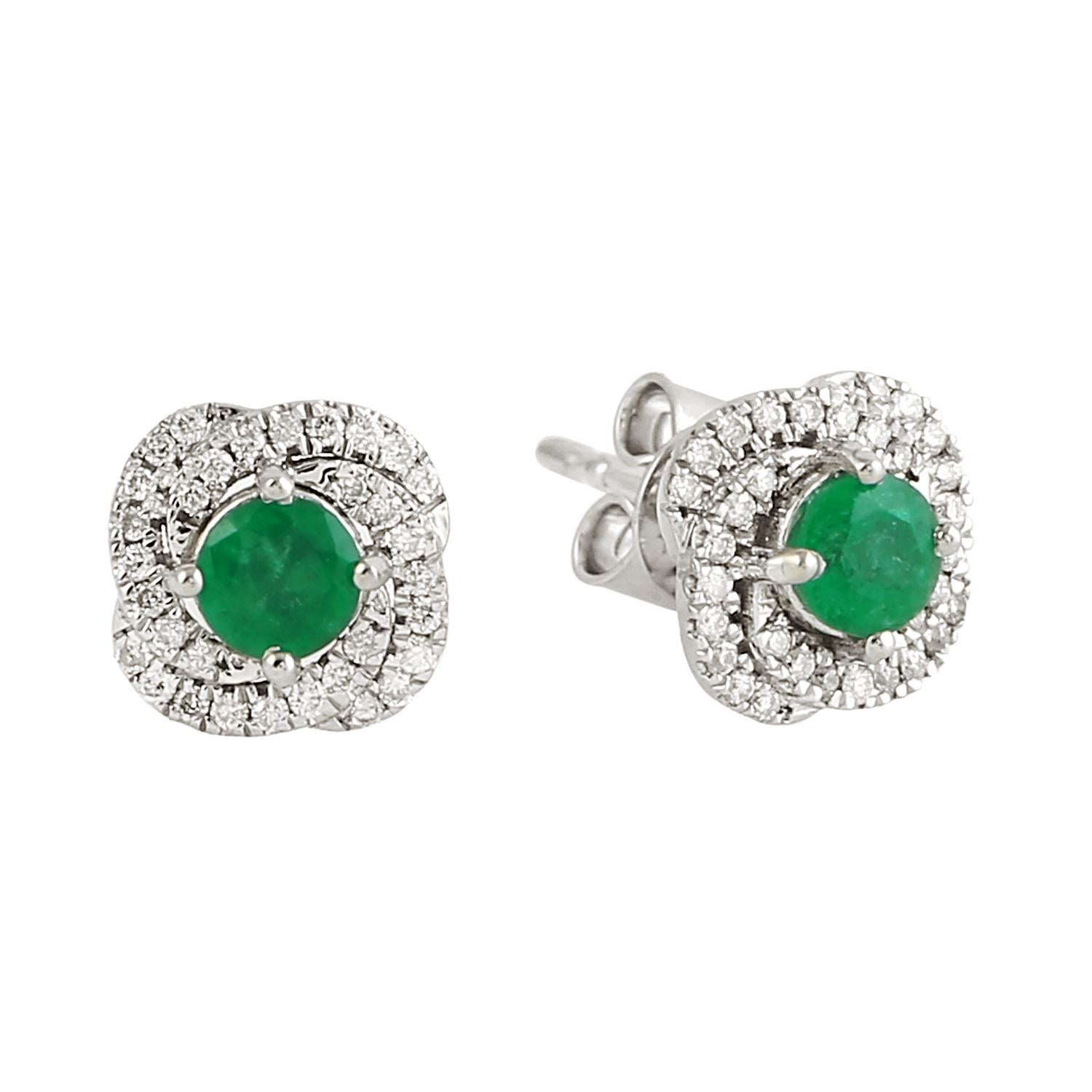 Mixed Cut Emerald Minimal Stud Earrings With Pave Diamonds Made In 14k White Gold For Sale
