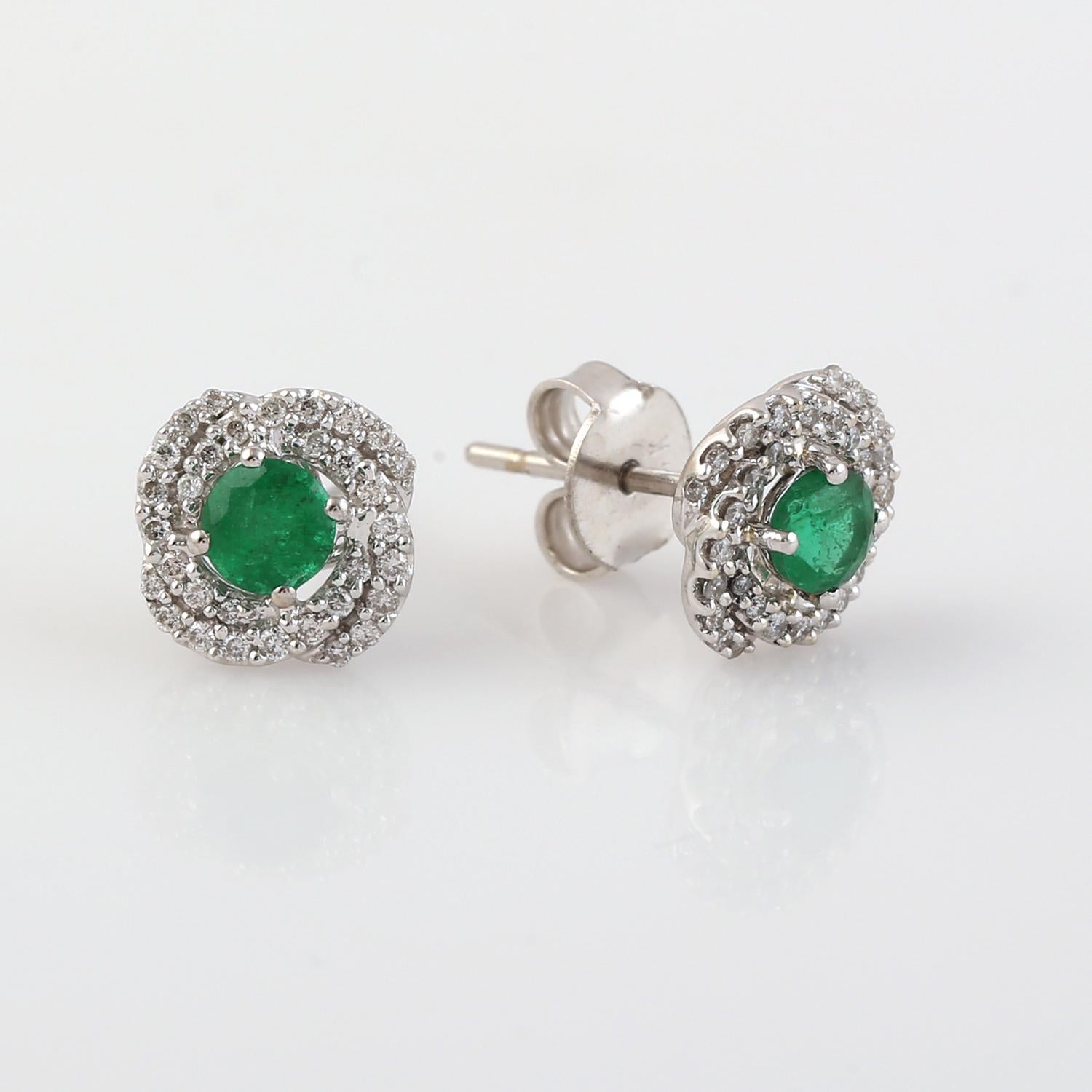 Emerald Minimal Stud Earrings With Pave Diamonds Made In 14k White Gold For Sale 1