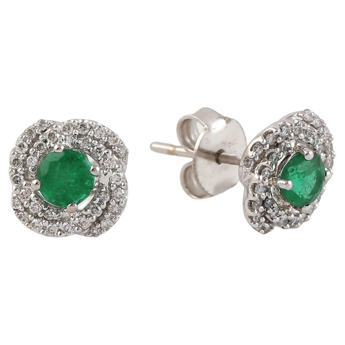 Emerald Minimal Stud Earrings With Pave Diamonds Made In 14k White Gold For Sale