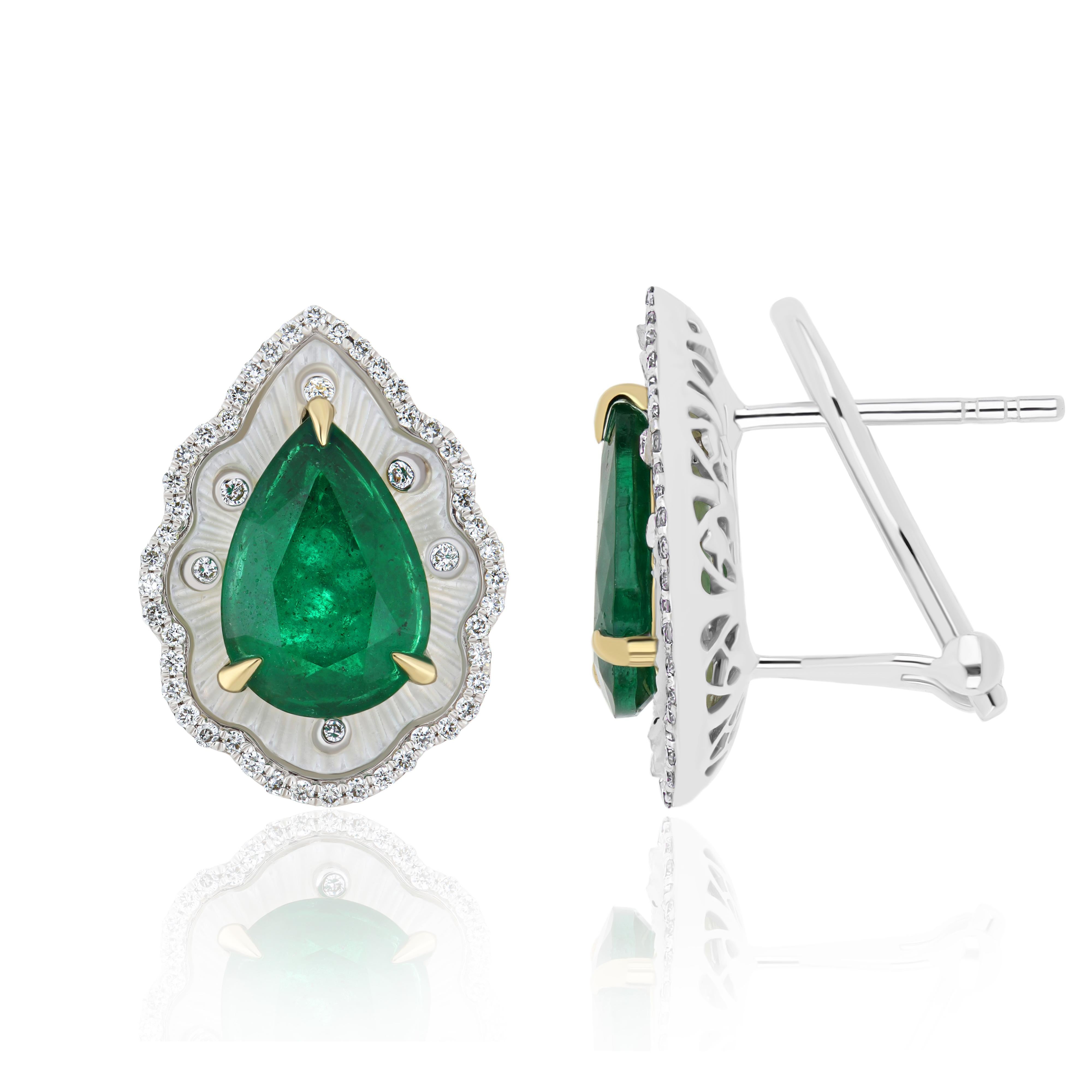 Elegant and Exquisitely detailed White Gold earrings, with 3.85 ts. (total approx.) Emerald cut in Unique Pear Shape, MOP (Mother Of Pearl) with fancy cut weight 1.67CT's ( approx) And accented with micro pave Diamonds, weighing approx. 0.31cts.