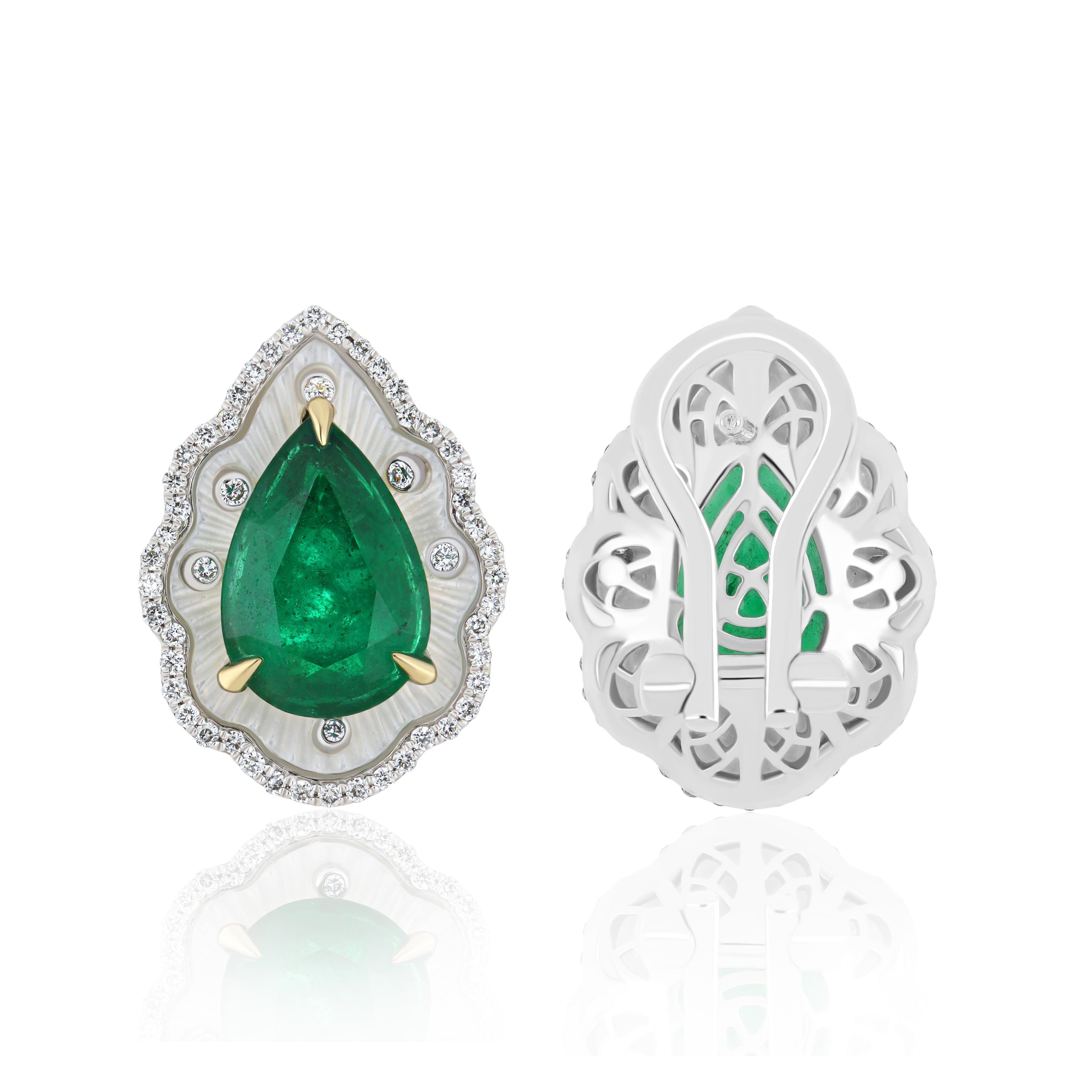 Pear Cut Emerald, MOP & Diamond in 18k White Gold Handcraft Earring for Christmas Gift For Sale