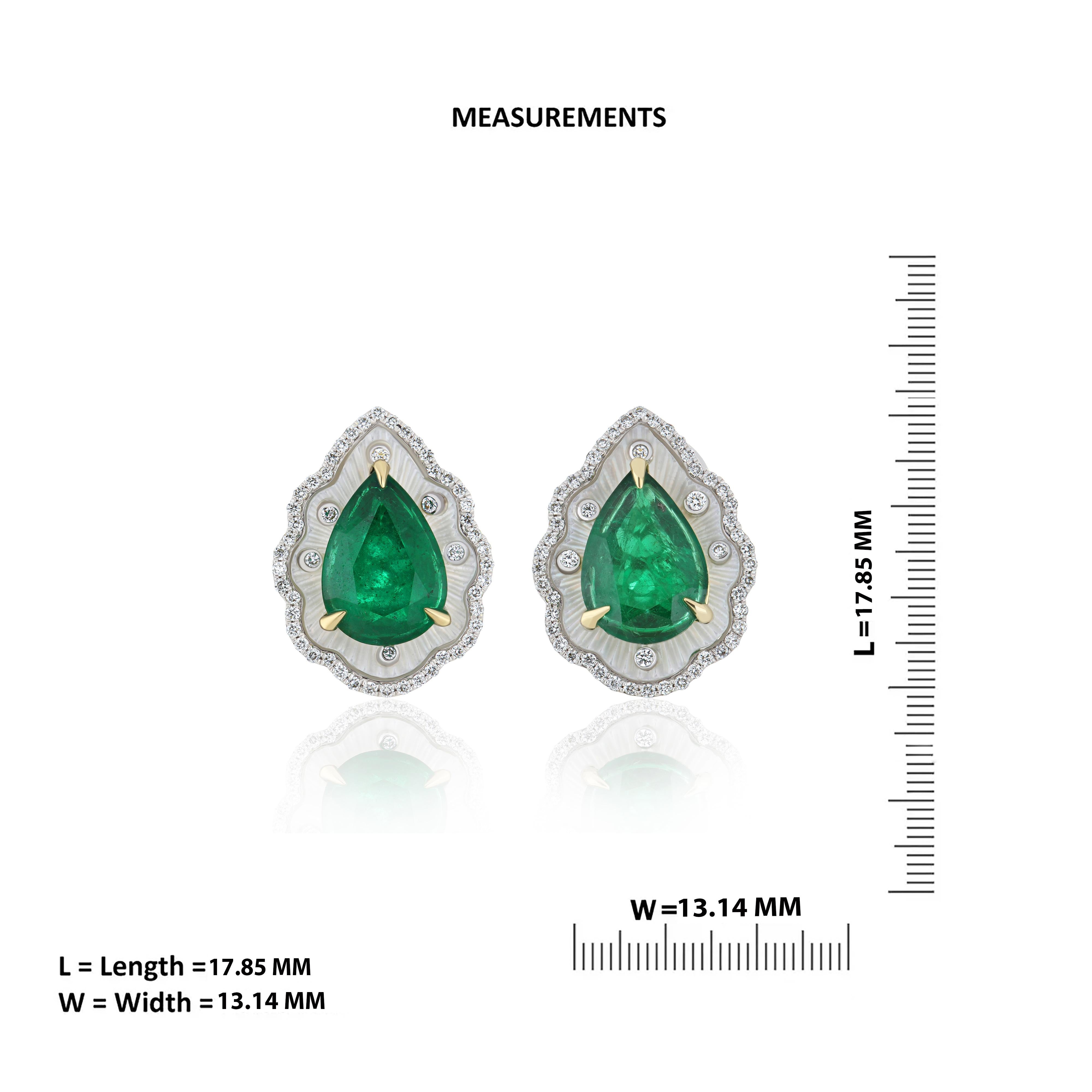 Emerald, MOP & Diamond in 18k White Gold Handcraft Earring for Christmas Gift In New Condition For Sale In JAIPUR, IN