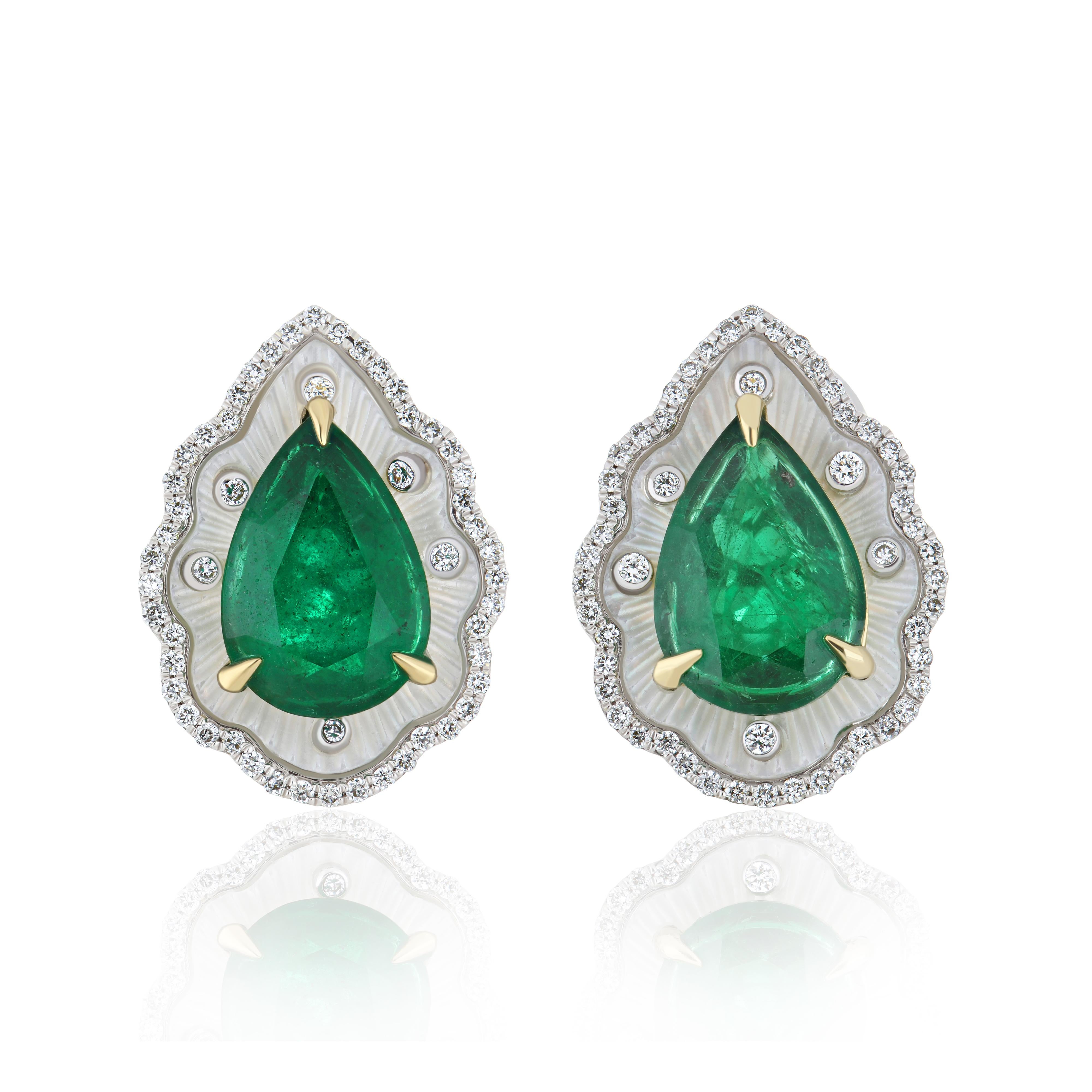 Smaragd, MOP & Diamant in 18k Weißgold Handcraft Ohrring für Weihnachten Geschenk Damen im Angebot