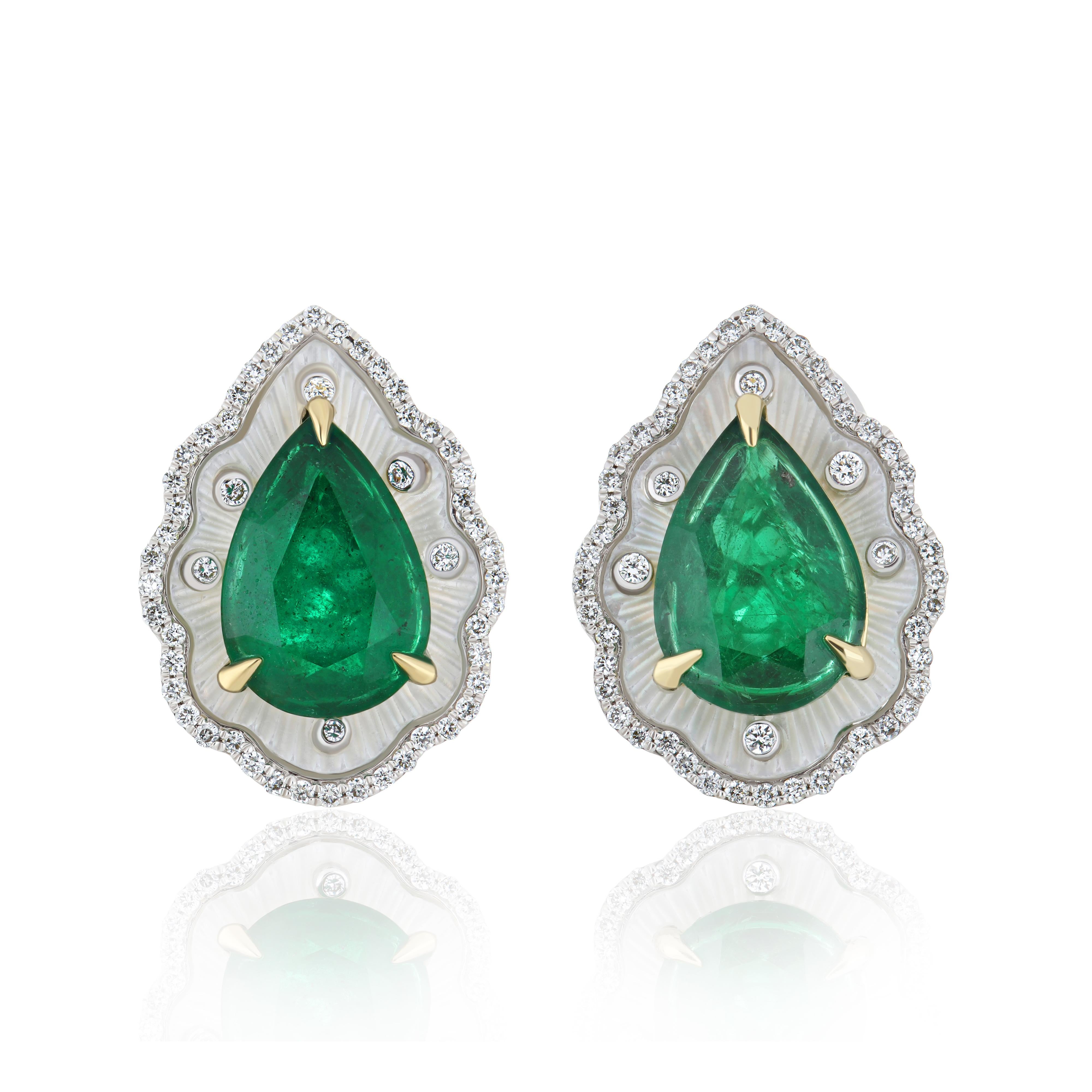 Smaragd, MOP & Diamant in 18k Weißgold Handcraft Ohrring für Weihnachten Geschenk im Angebot 1