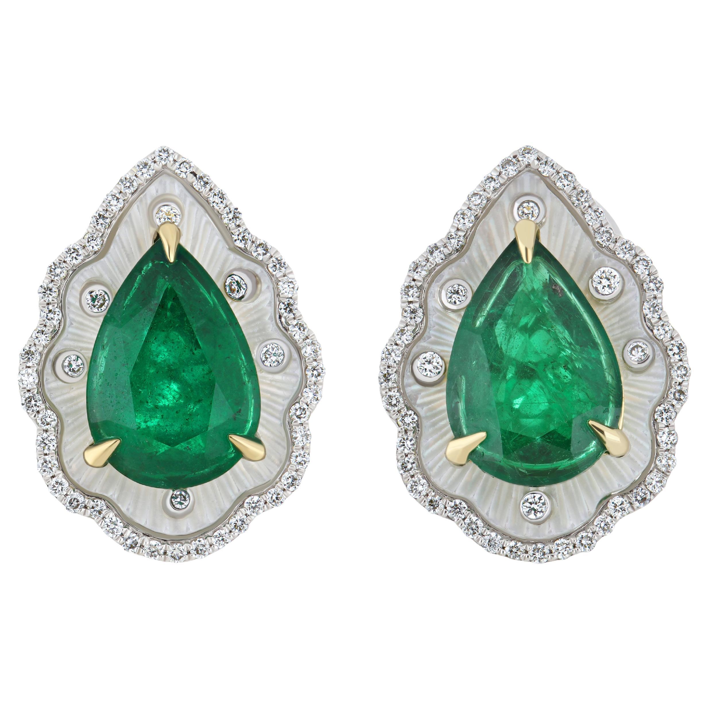 Emerald, MOP & Diamond in 18k White Gold Handcraft Earring for Christmas Gift