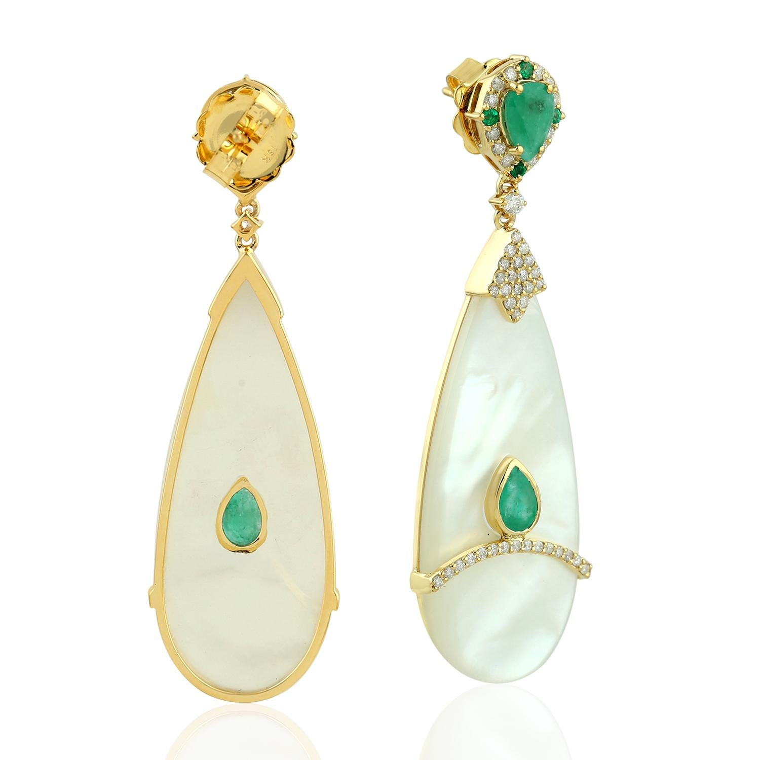 Modern Emerald Pearl Diamond 18 Karat Gold Earrings For Sale