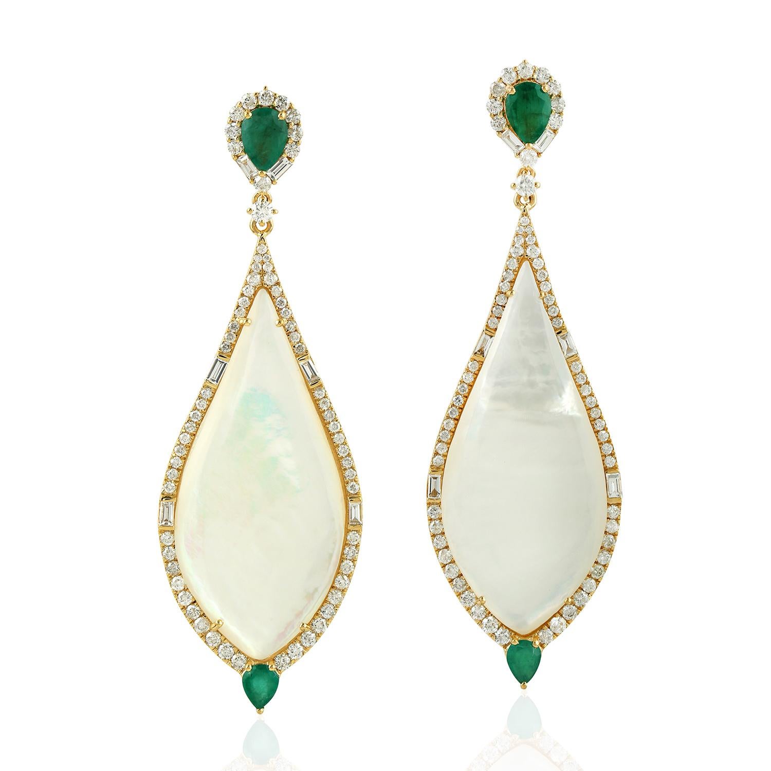 Mixed Cut Emerald Mother of Pearl Diamond 18 Karat Gold Earrings For Sale