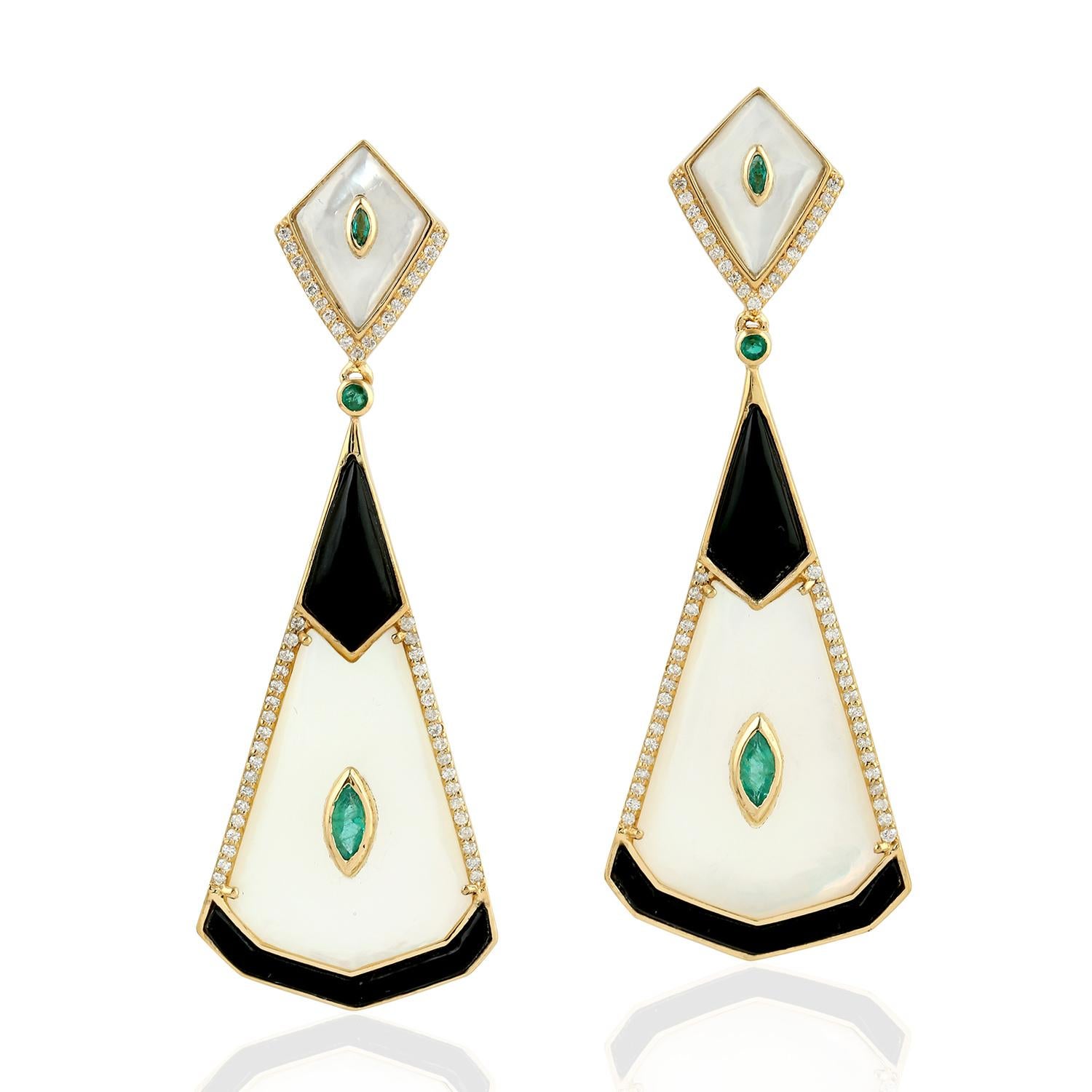 Kite Cut Emerald Mother of Pearl Diamond 18 Karat Gold Earrings For Sale