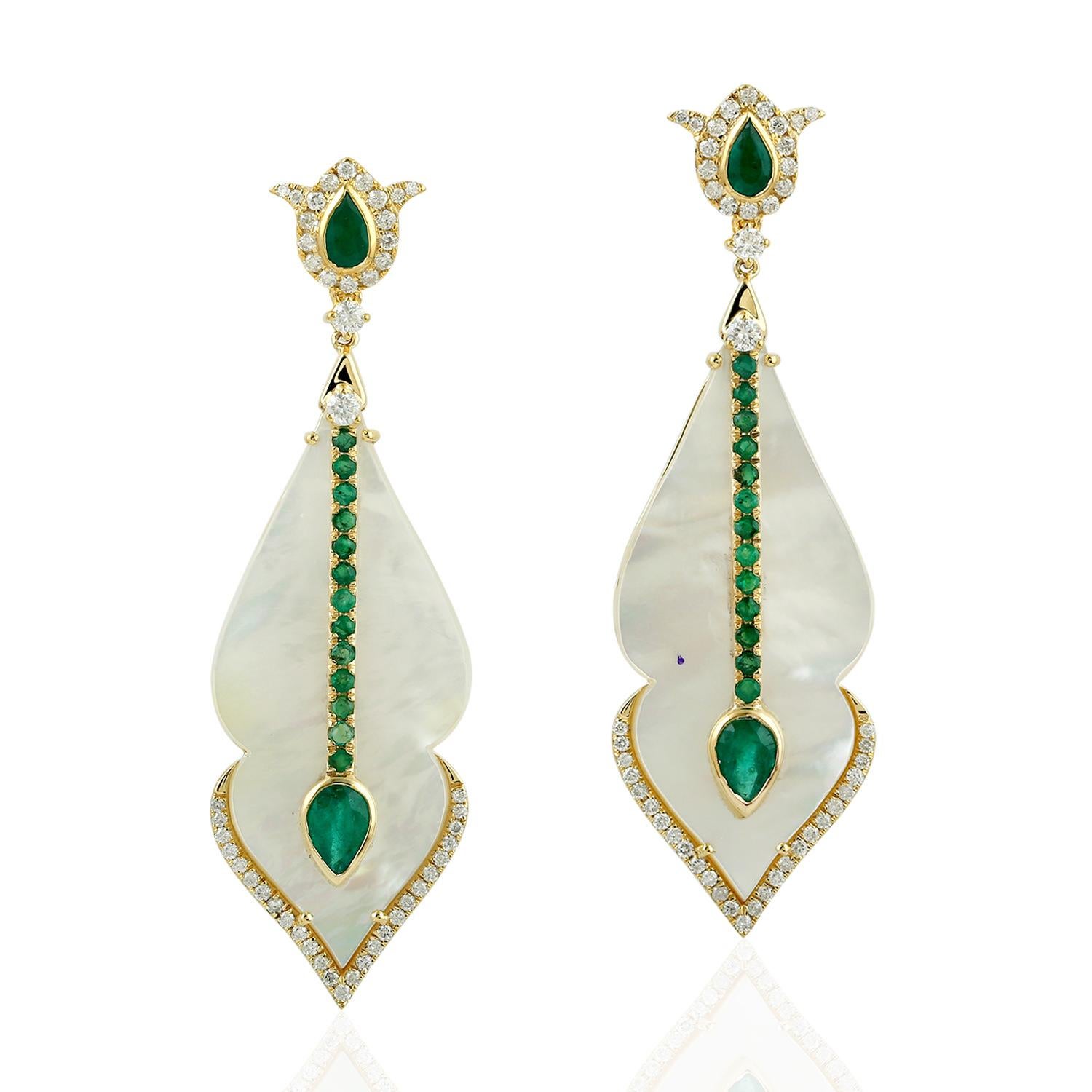 Mixed Cut Emerald Mother of Pearl Diamond 18 Karat Gold Earrings For Sale