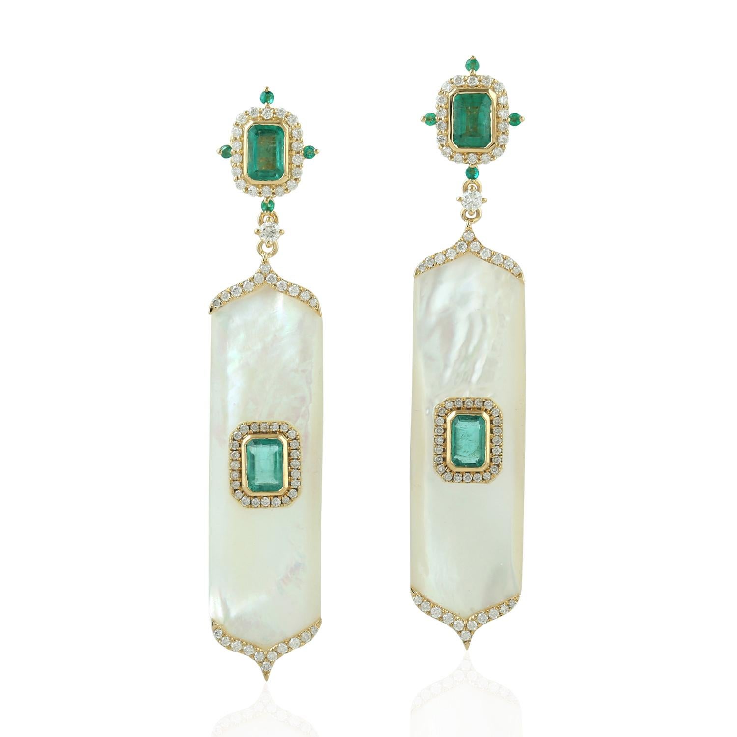 Emerald Cut Emerald Pearl Diamond 18 Karat Gold Earrings For Sale