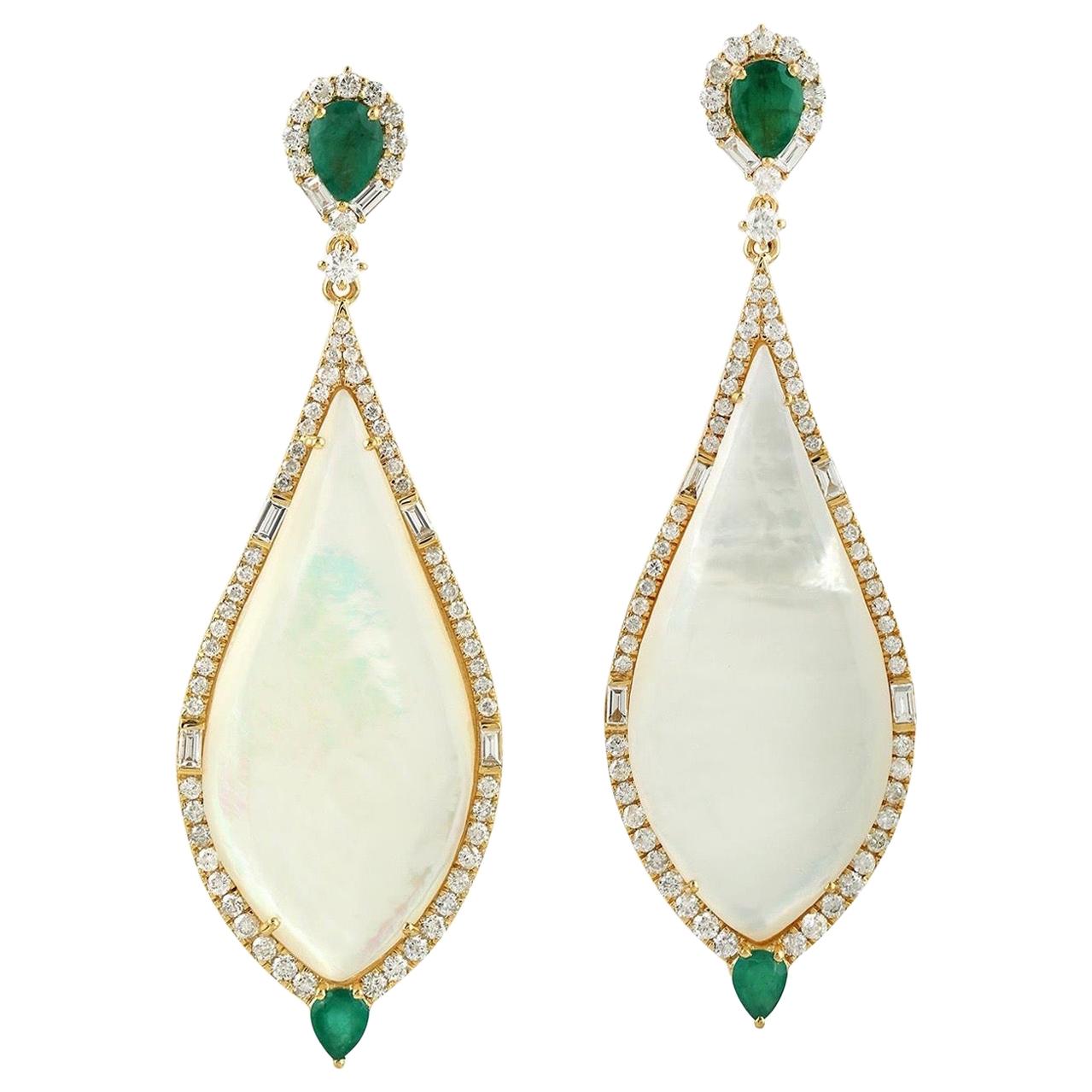 Emerald Mother of Pearl Diamond 18 Karat Gold Earrings For Sale