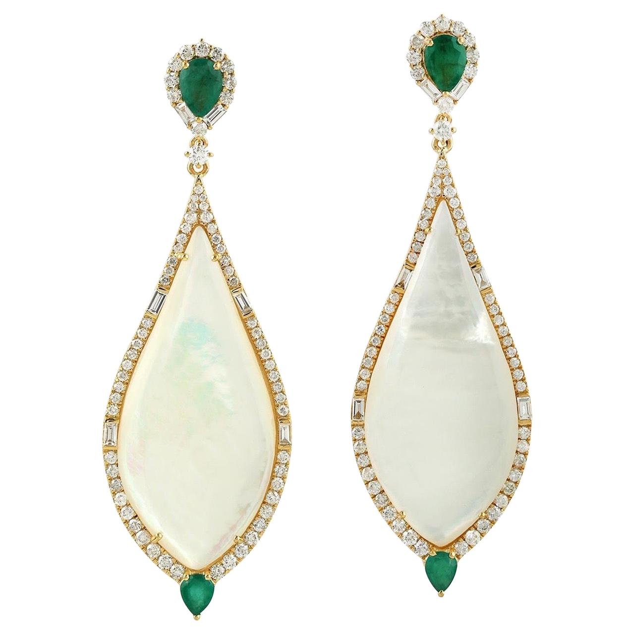 Emerald Mother of Pearl Diamond 18 Karat Gold Earrings