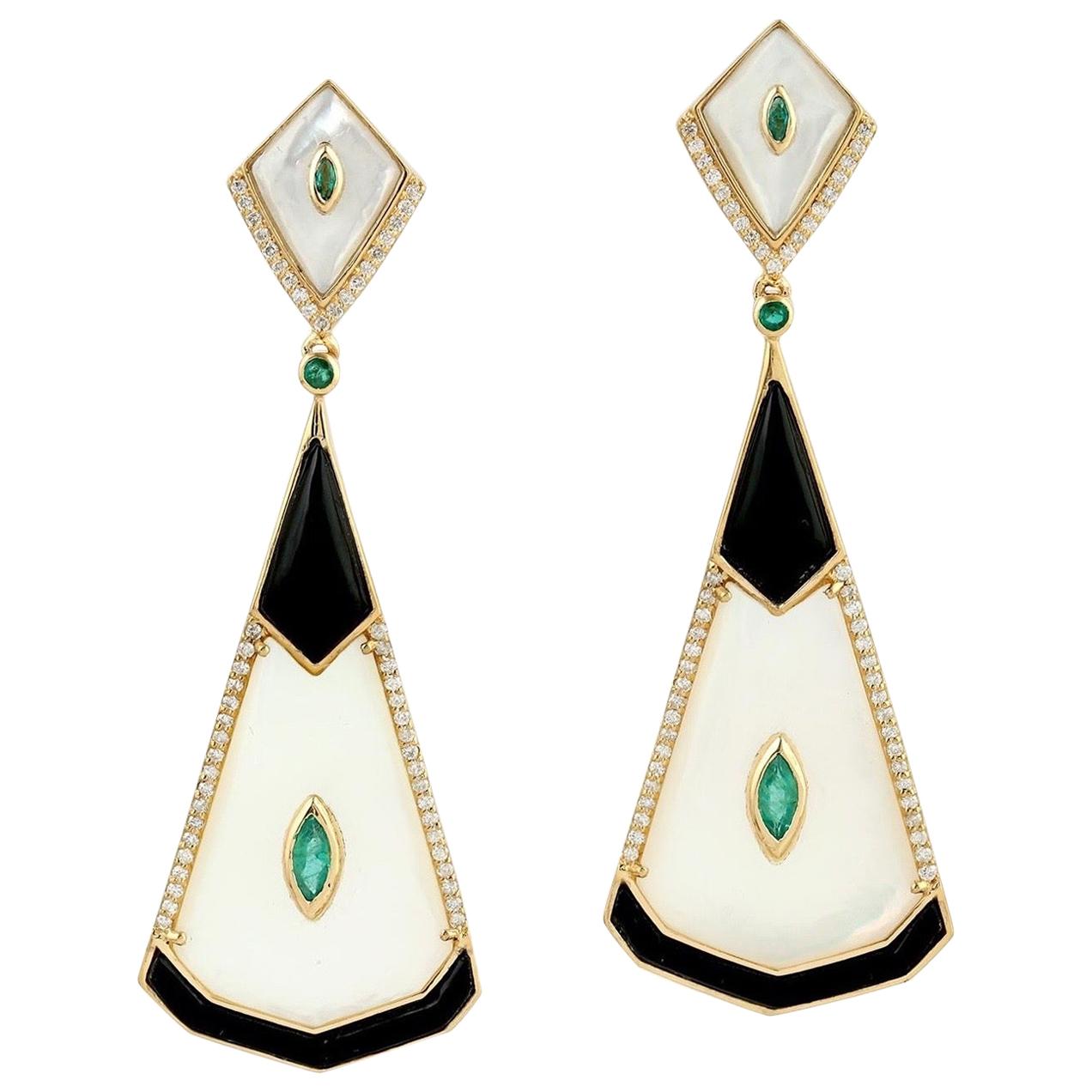 Emerald Mother of Pearl Diamond 14 Karat Gold Earrings