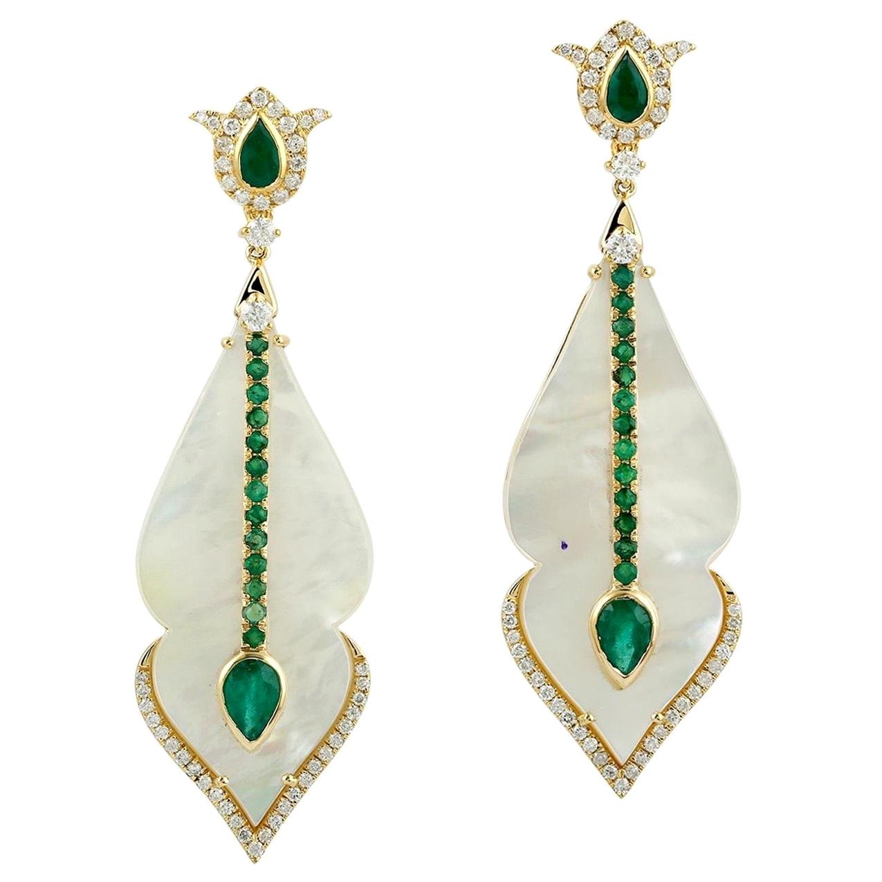 Emerald Mother of Pearl Diamond 18 Karat Gold Earrings For Sale