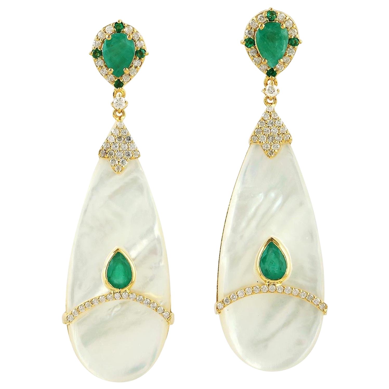 Emerald Pearl Diamond 18 Karat Gold Earrings For Sale