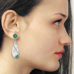 Pendientes Velo Floral Esmeralda Perla Diamante Oro 18 Kilates