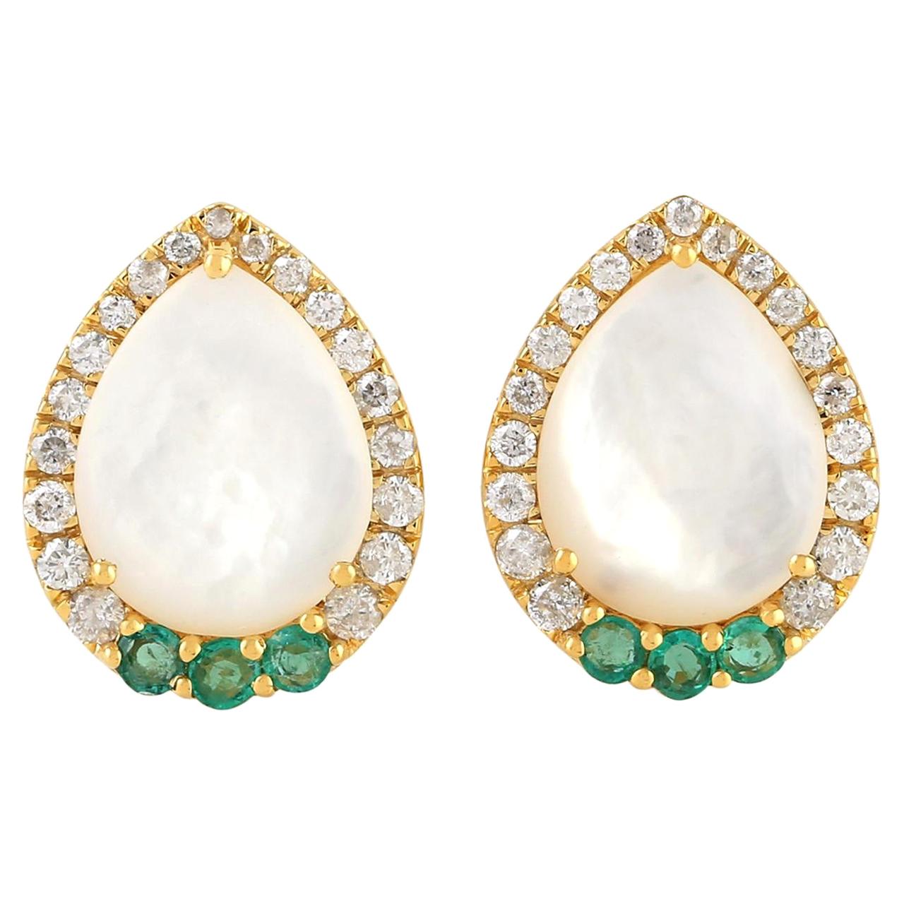 Emerald Mother of Pearl Diamond 18 Karat Gold Stud Earrings For Sale