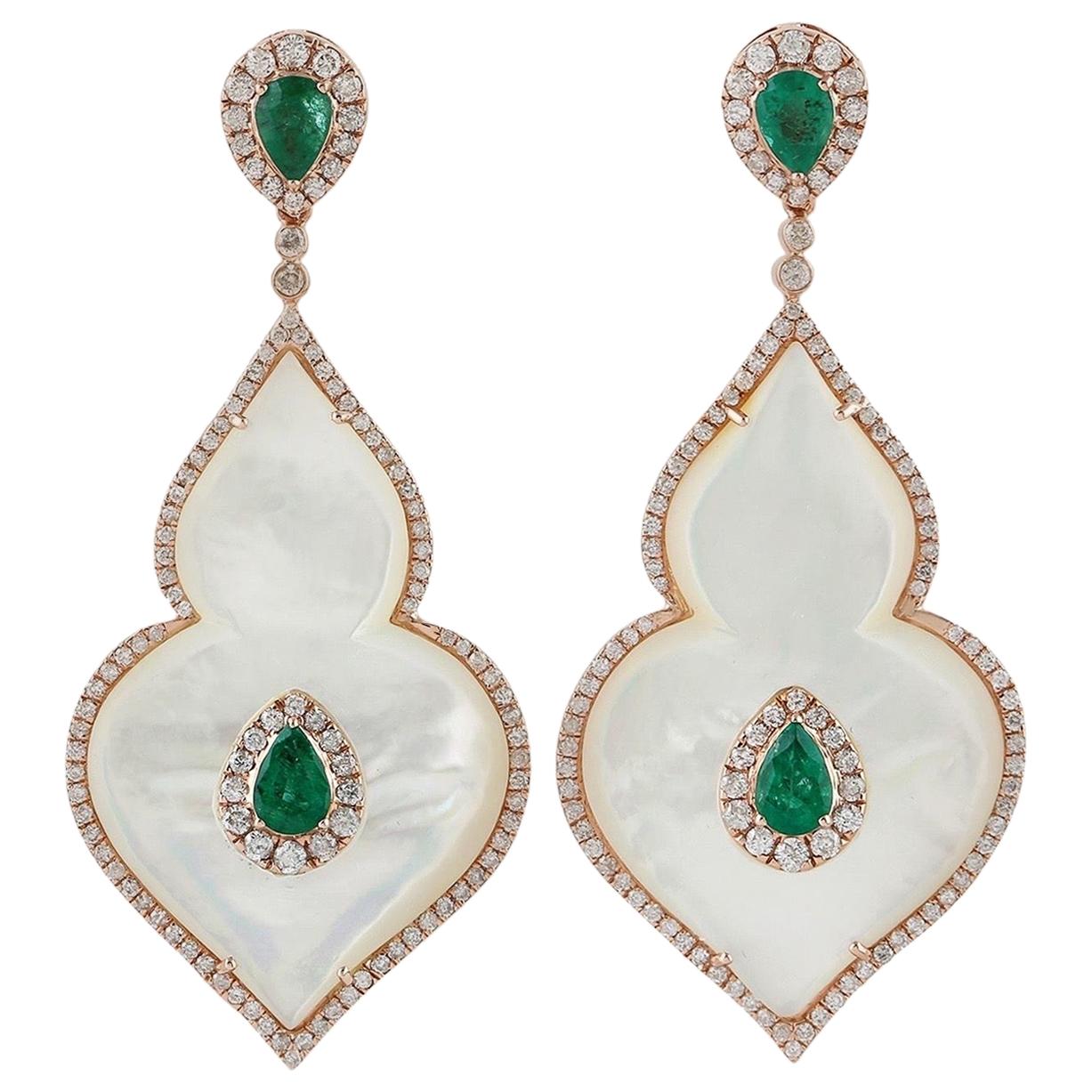 Emerald Mother of Pearl Diamond 18 Karat Gold Taj Earrings For Sale
