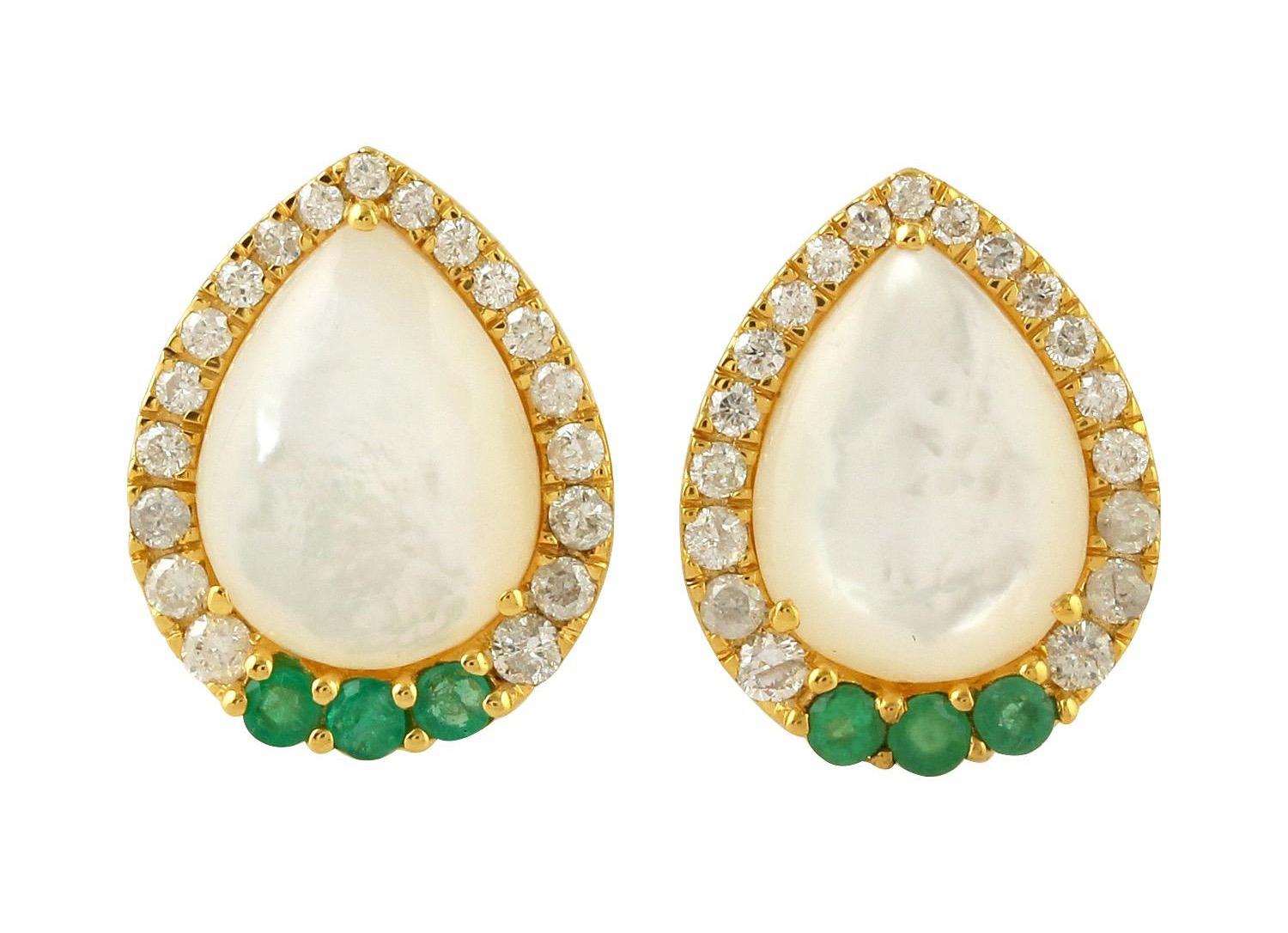 Pear Cut Emerald Mother of Pearl Diamond 18 Karat Gold Stud Earrings For Sale