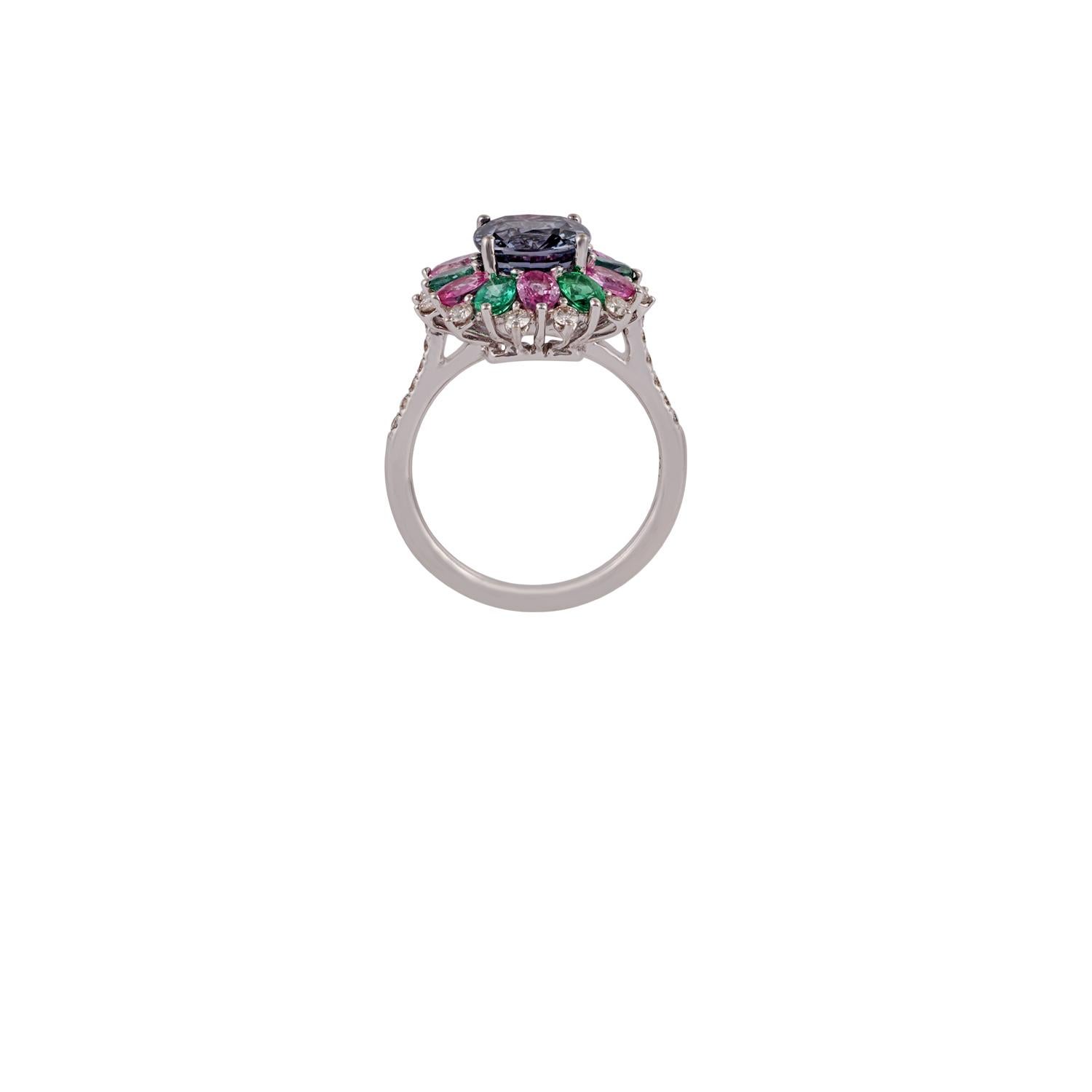 Contemporary Emerald, Multi Sapphire, Spinel & Diamond Cluster Ring in 18Karat Gold For Sale