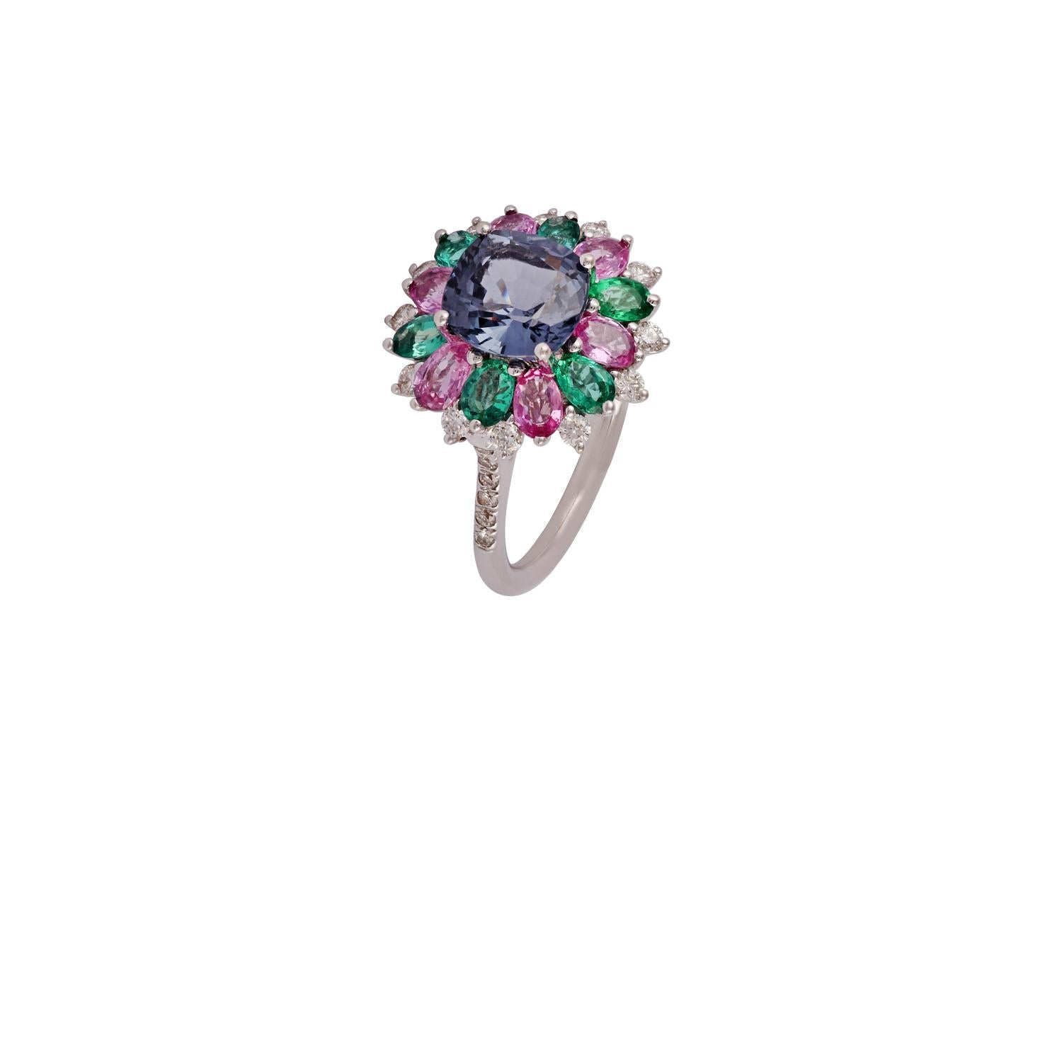 Mixed Cut Emerald, Multi Sapphire, Spinel & Diamond Cluster Ring in 18Karat Gold For Sale