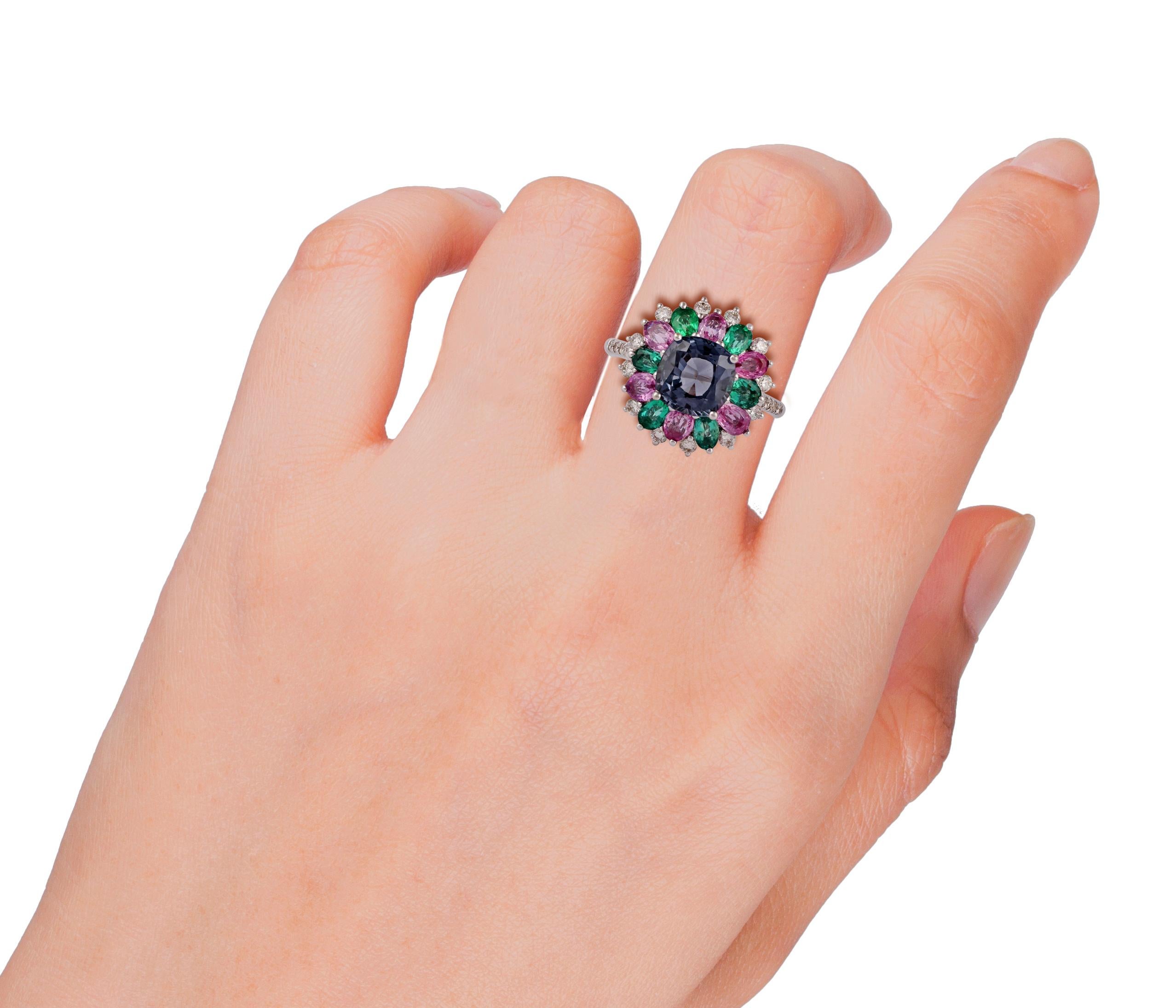Emerald, Multi Sapphire, Spinel & Diamond Cluster Ring in 18Karat Gold In New Condition For Sale In Jaipur, Rajasthan