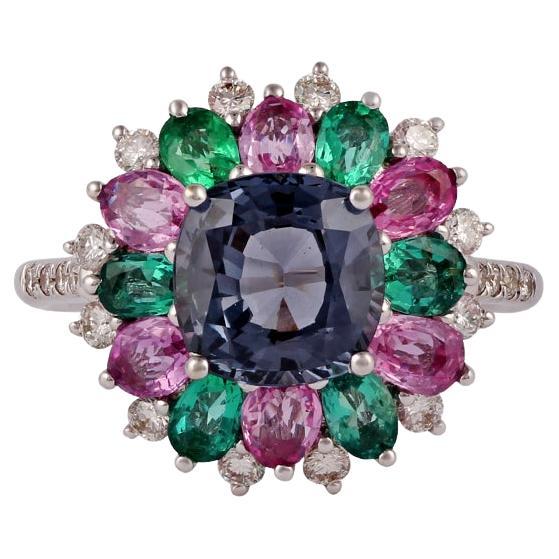 Emerald, Multi Sapphire, Spinel & Diamond Cluster Ring in 18Karat Gold For Sale