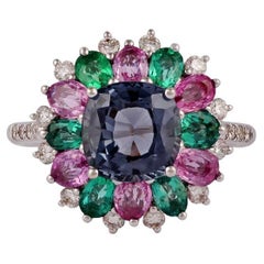 Emerald, Multi Sapphire, Spinel & Diamond Cluster Ring in 18Karat Gold