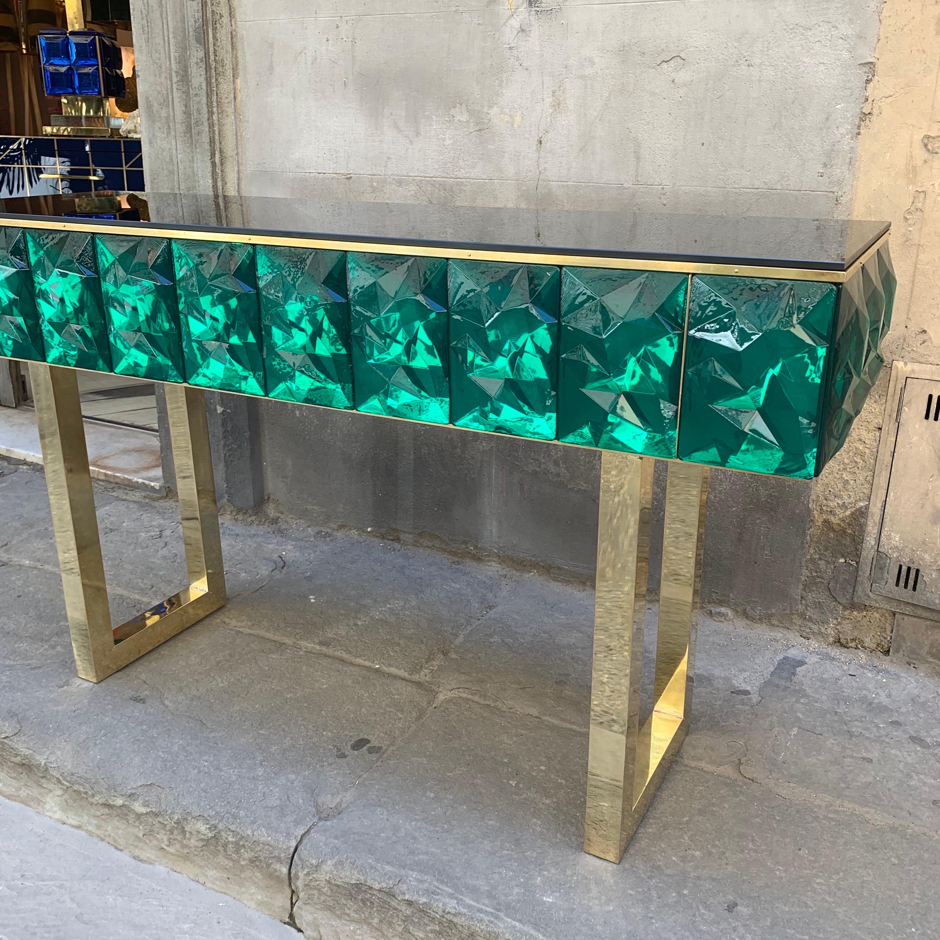 Emerald Murano Glass Console with Blue Black Opaline Glass Top, Brass Legs, 2020 For Sale 3