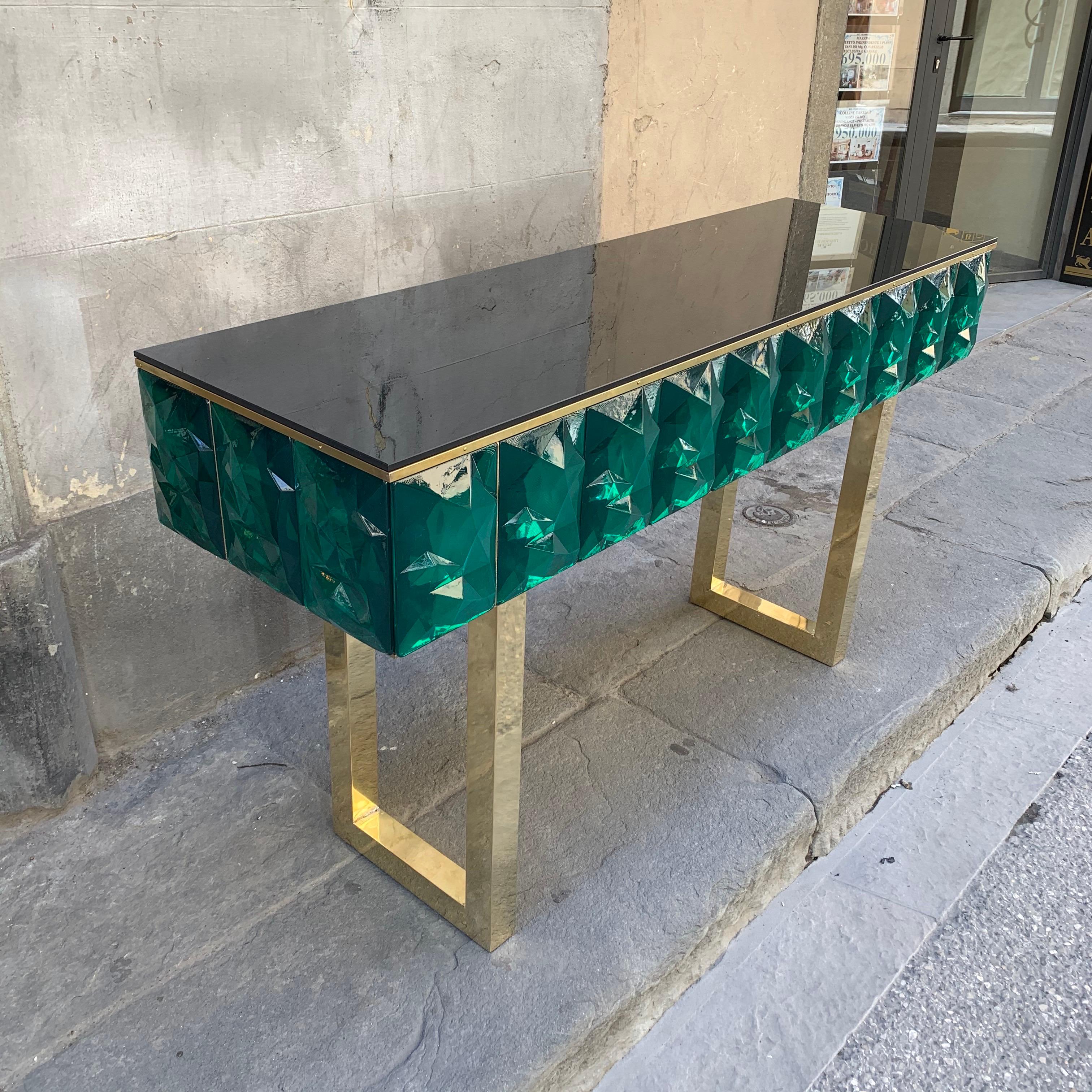 Emerald Murano Glass Console with Blue Black Opaline Glass Top, Brass Legs, 2020 For Sale 4