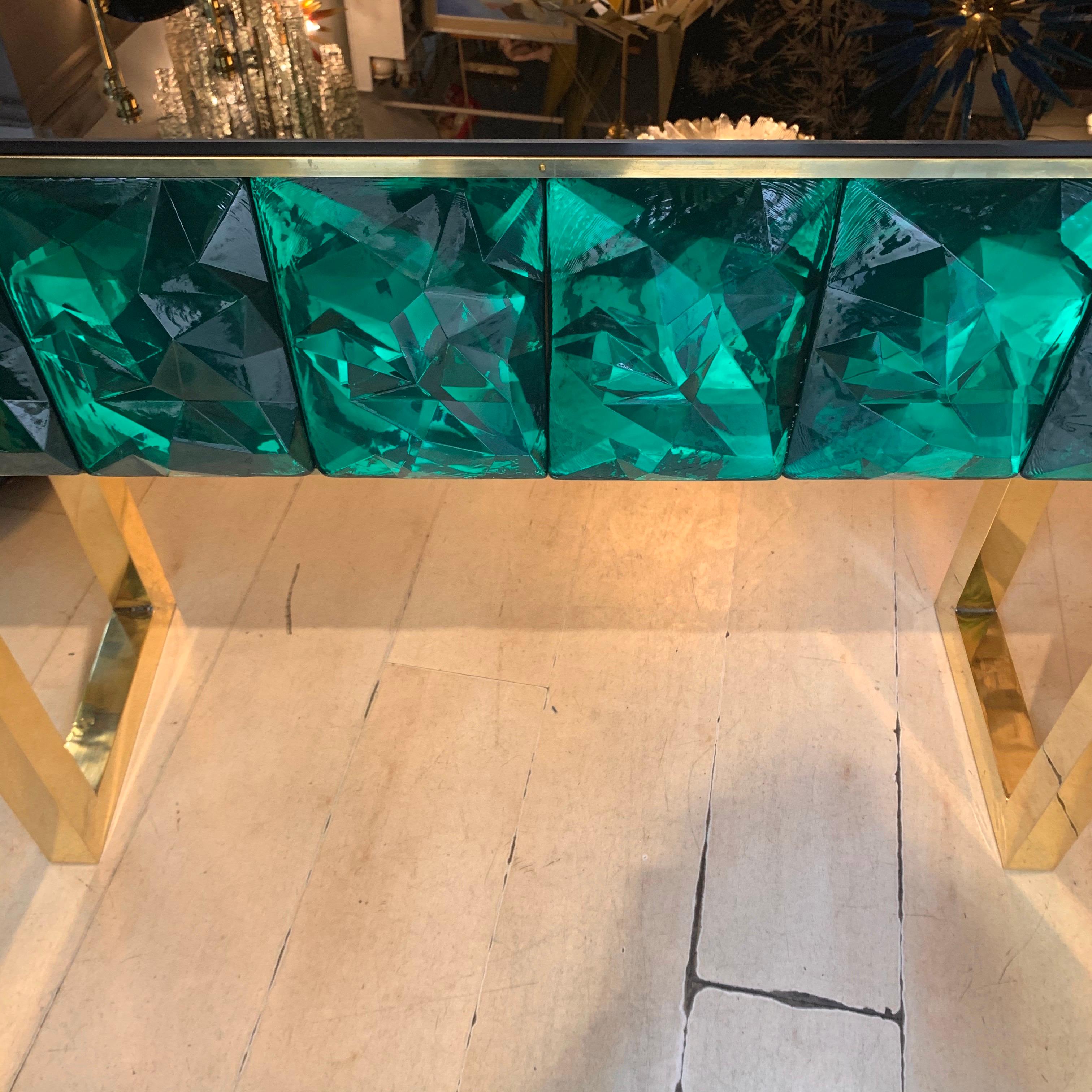 Emerald Murano Glass Console with Blue Black Opaline Glass Top, Brass Legs, 2020 For Sale 8