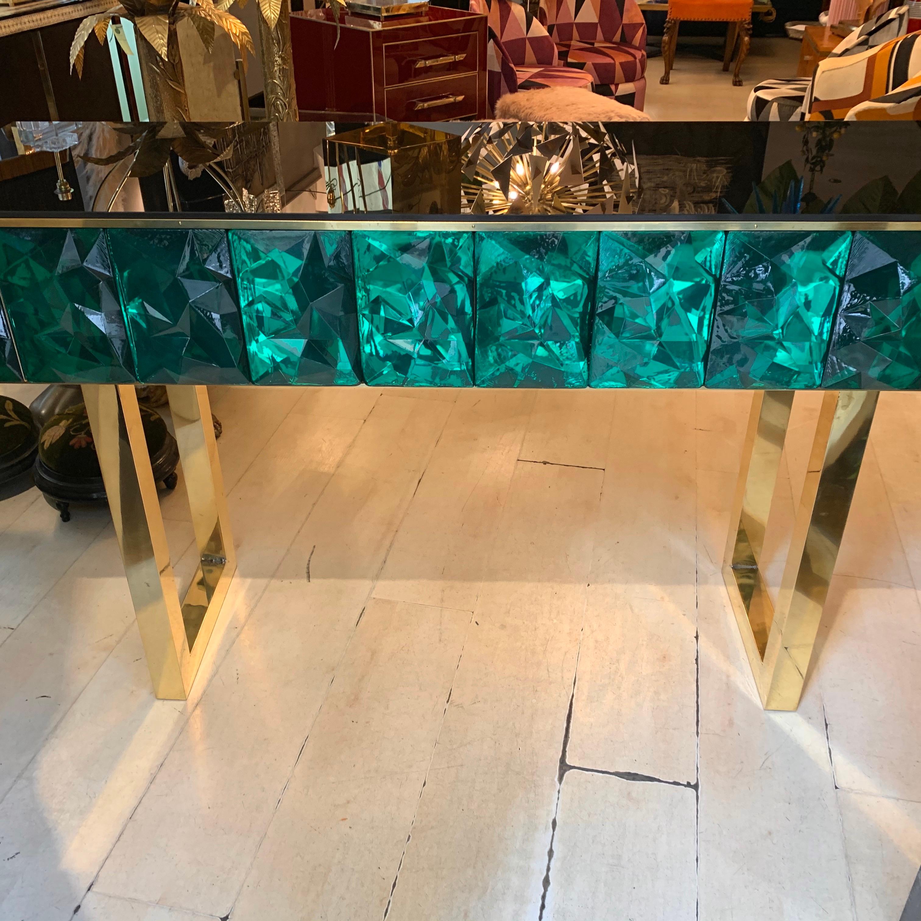 Emerald Murano Glass Console with Blue Black Opaline Glass Top, Brass Legs, 2020 For Sale 9