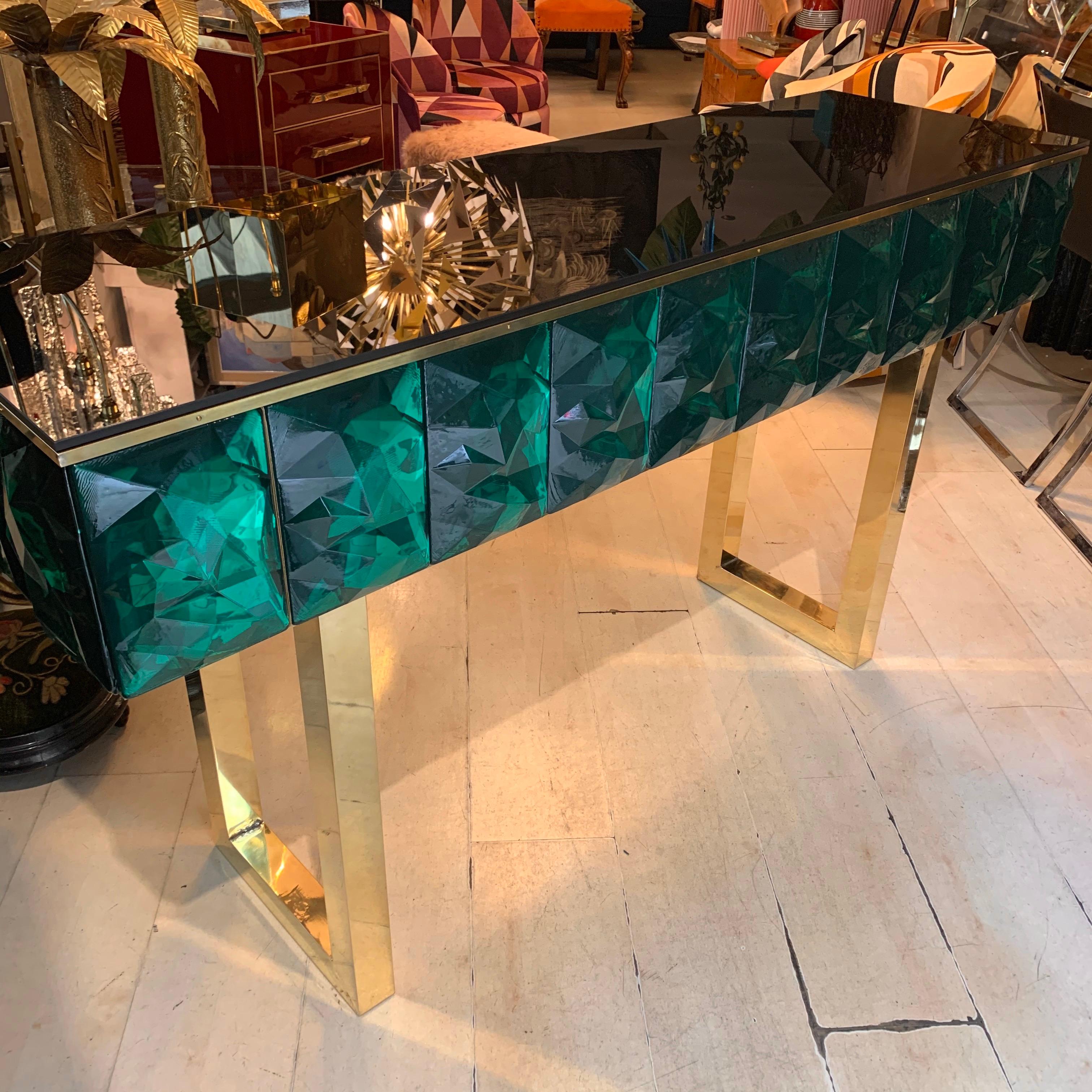 Consola de Cristal de Murano Esmeralda con Tapa de Cristal Opalino Negro Azul, Patas de Latón, 2020 en venta 11