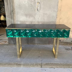 Emerald Murano Glass Console with Blue Black Opaline Glass Top, Brass Legs