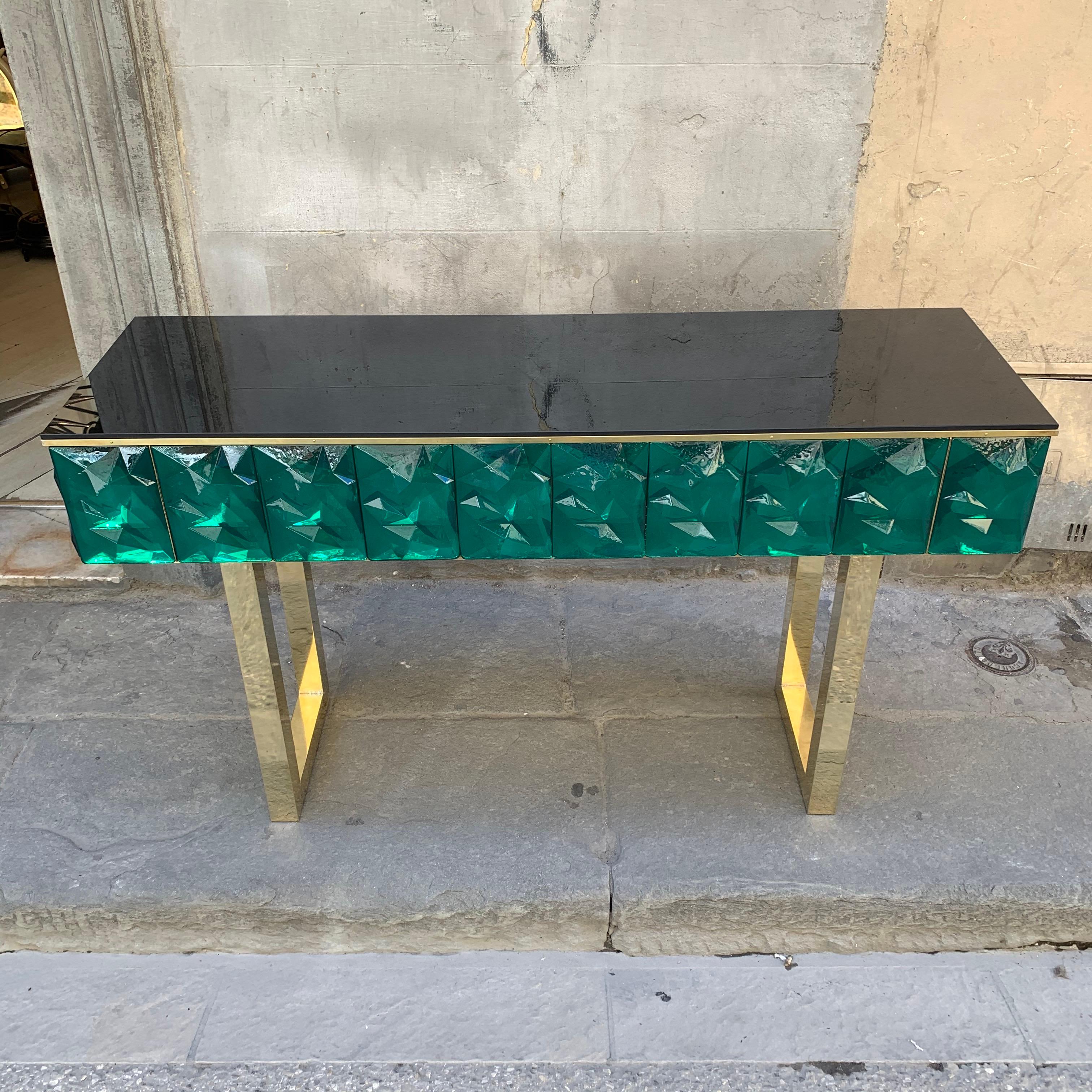 Modern Emerald Murano Glass Console with Blue Black Opaline Glass Top, Brass Legs, 2020 For Sale
