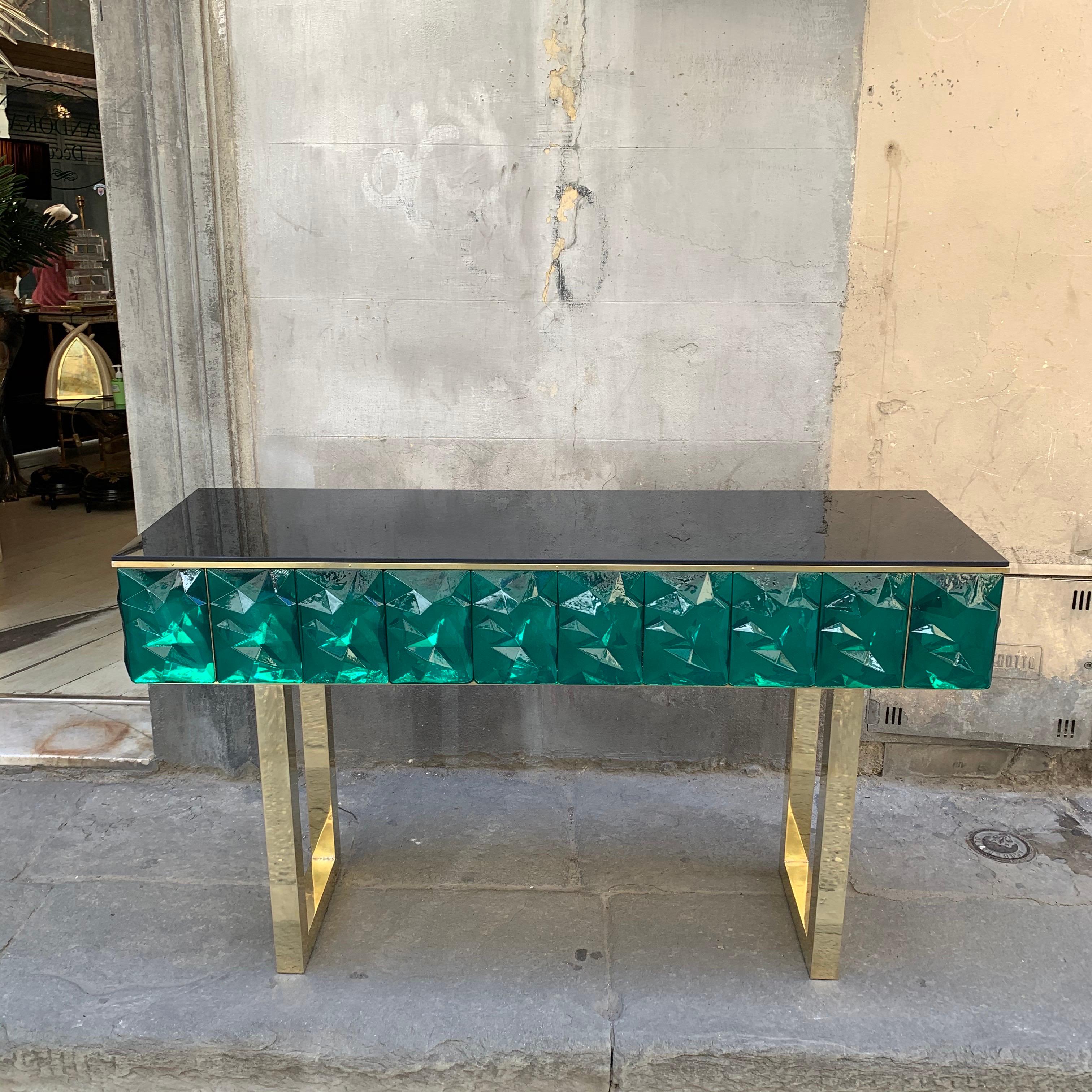 Italian Emerald Murano Glass Console with Blue Black Opaline Glass Top, Brass Legs, 2020 For Sale