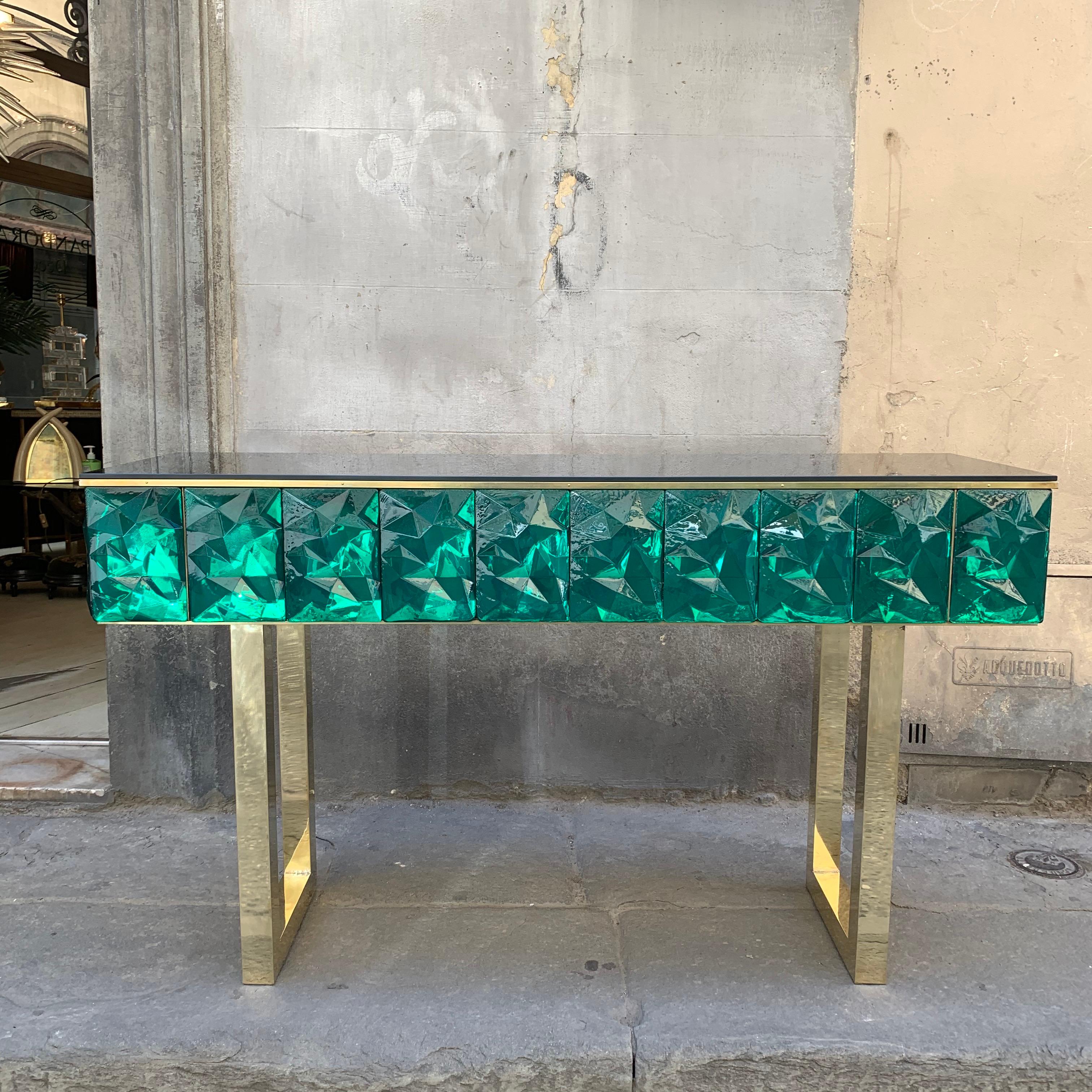 Italian Emerald Murano Glass Console with Blue Black Opaline Glass Top, Brass Legs, 2020 For Sale