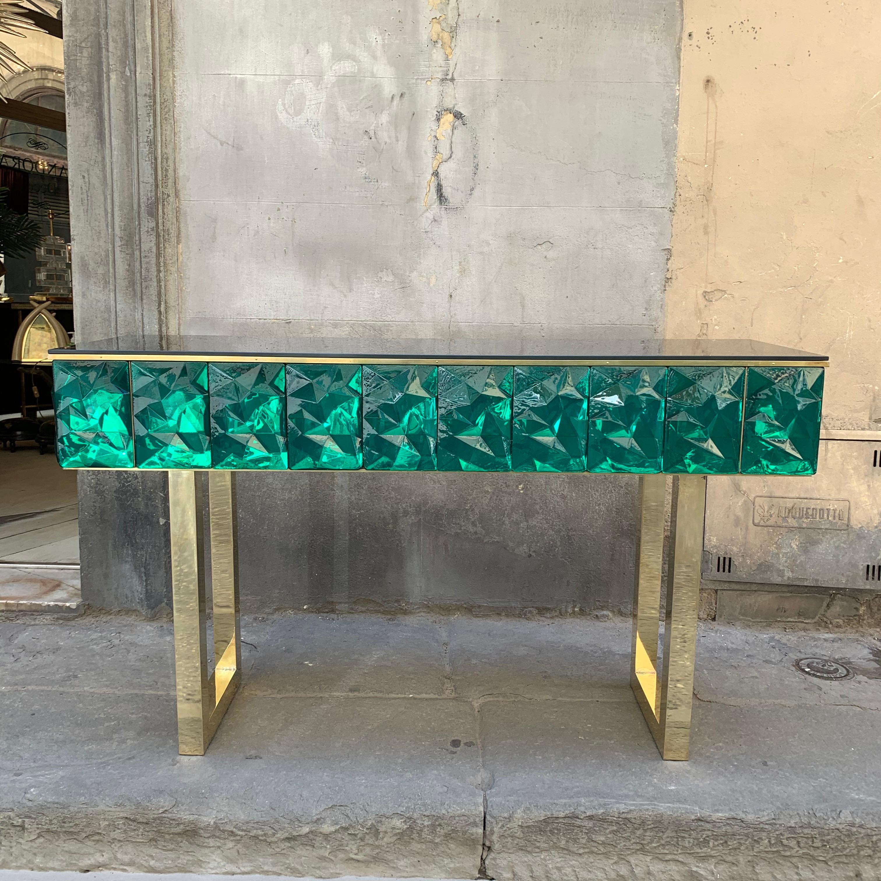 Emerald Murano Glass Console with Blue Black Opaline Glass Top, Brass Legs, 2020 In Excellent Condition For Sale In Florence, IT