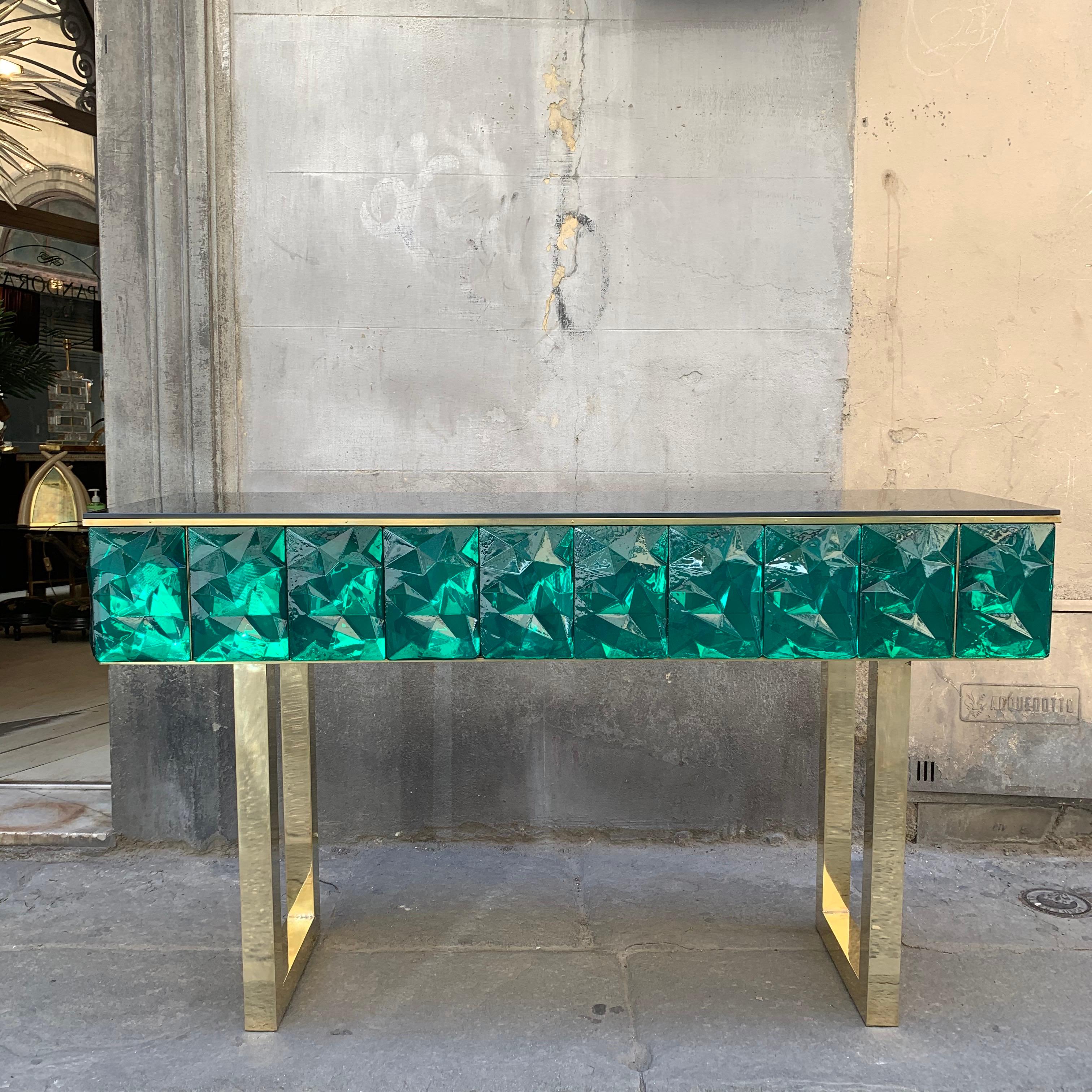 Contemporary Emerald Murano Glass Console with Blue Black Opaline Glass Top, Brass Legs, 2020 For Sale