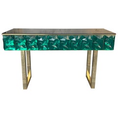 Emerald Murano Glass Console with Blue Black Opaline Glass Top, Brass Legs