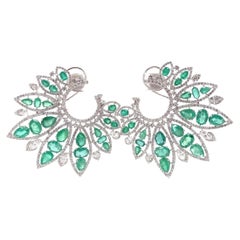 Emerald Natural Diamond Fan Hoop Earrings in 14k Solid Gold (Certified)