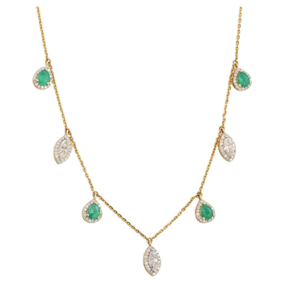 Emerald Natural Diamond Halo Drop Necklace in 14K Solid Gold (Certified)