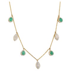 Emerald Natural Diamond Halo Drop Necklace in 14K Solid Gold (Certified)