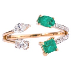 Emerald Natural Diamond Open Cuff Bypass Ring in 14K Solid Gold (Certified)