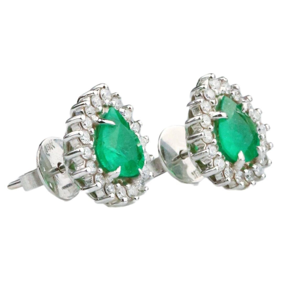 Emerald & Diamond Earrings - 18K Solid White Gold For Sale