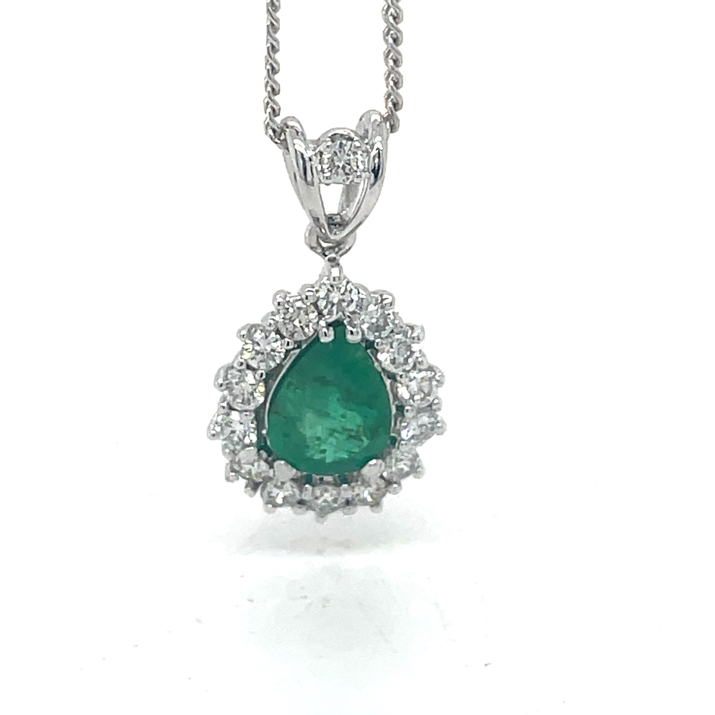 Emerald Necklace Pendant - 0.59ct Emerald and 0.5ct Diamond Halo, 18K White Gold For Sale 4