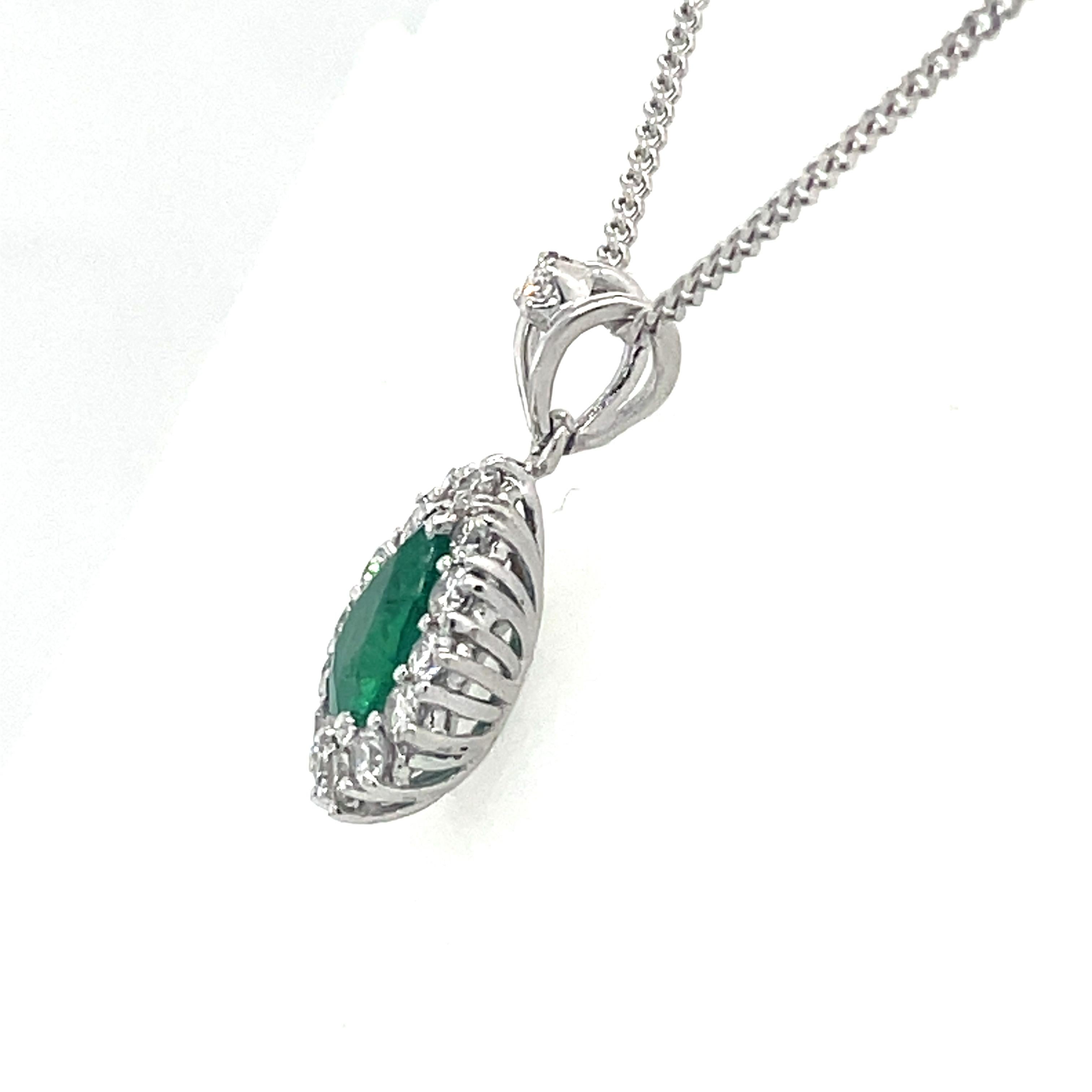 Emerald Necklace Pendant - 0.59ct Emerald and 0.5ct Diamond Halo, 18K White Gold For Sale 5